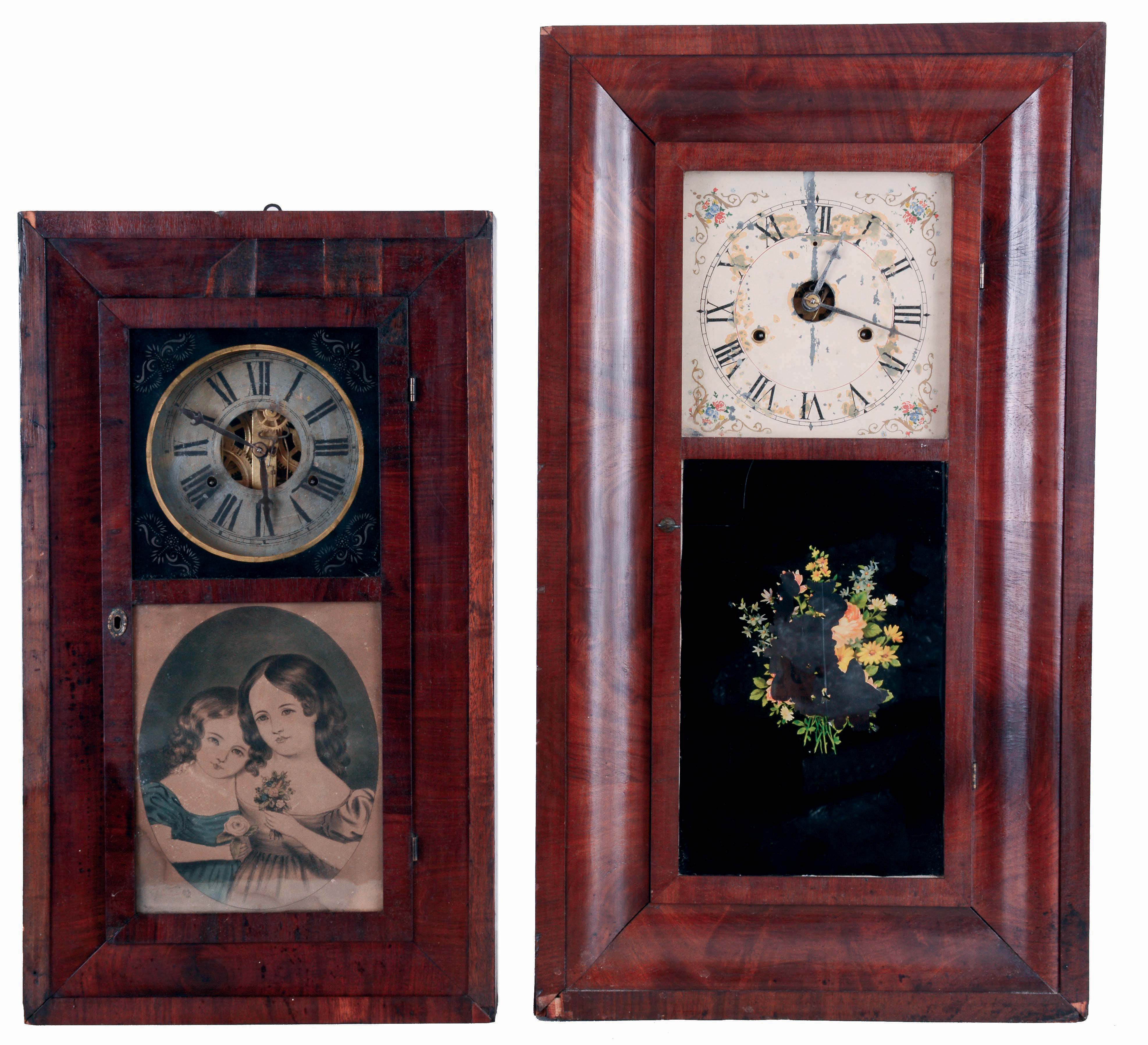 Clocks- 3 (Three) American: (1) Forestville Mfg. Co., 8 days, OG shelf clock case, c1845 (now with 30 hours, time and strike, weight driven brass movement); (2) Jeromes, Gilbert, Grant &amp; Co., 30 hours, time and strike, weight driven brass movement bevel case shelf clock, c1839; (3) American Clock Co., New York, 8 days, time and strike, spring driven brass movement painted iron front shelf clock, c1855 — Antique Clocks Price Guide