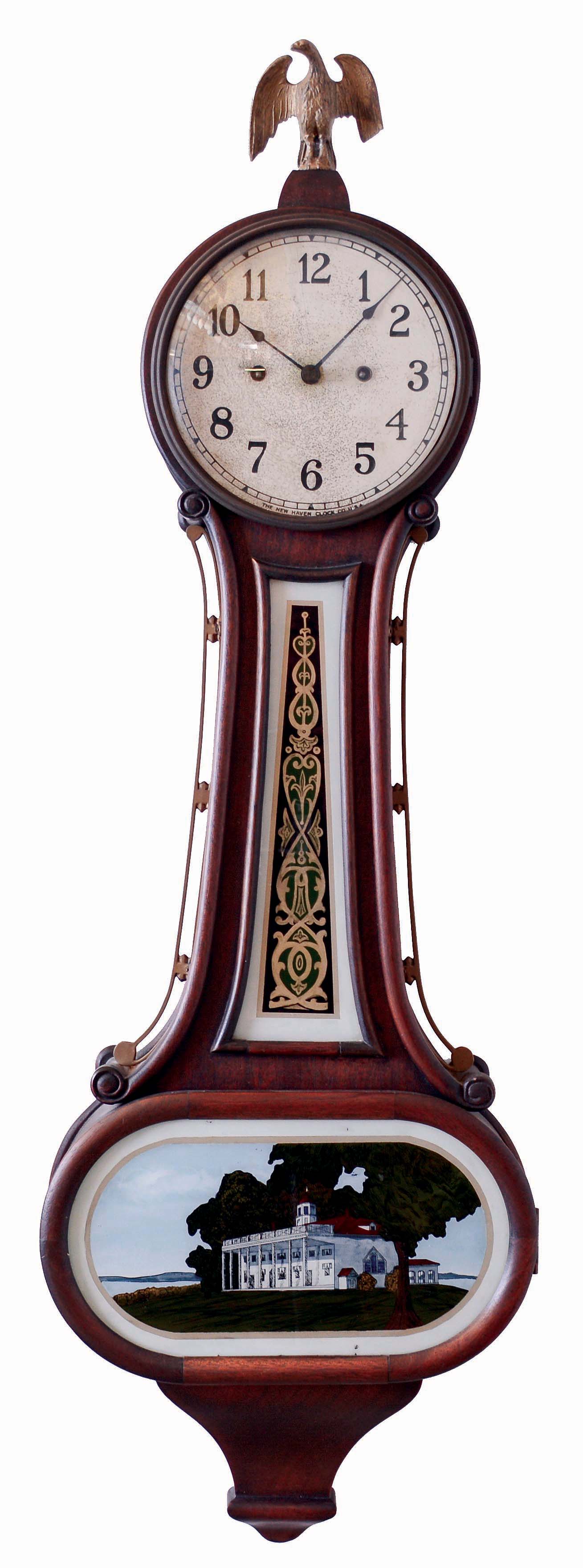 New Haven Clock Co., New Haven, Conn., "Wilson", 8 days, time and strike, spring driven brass movement banjo timepiece, c1920 — Antique Clocks Price Guide