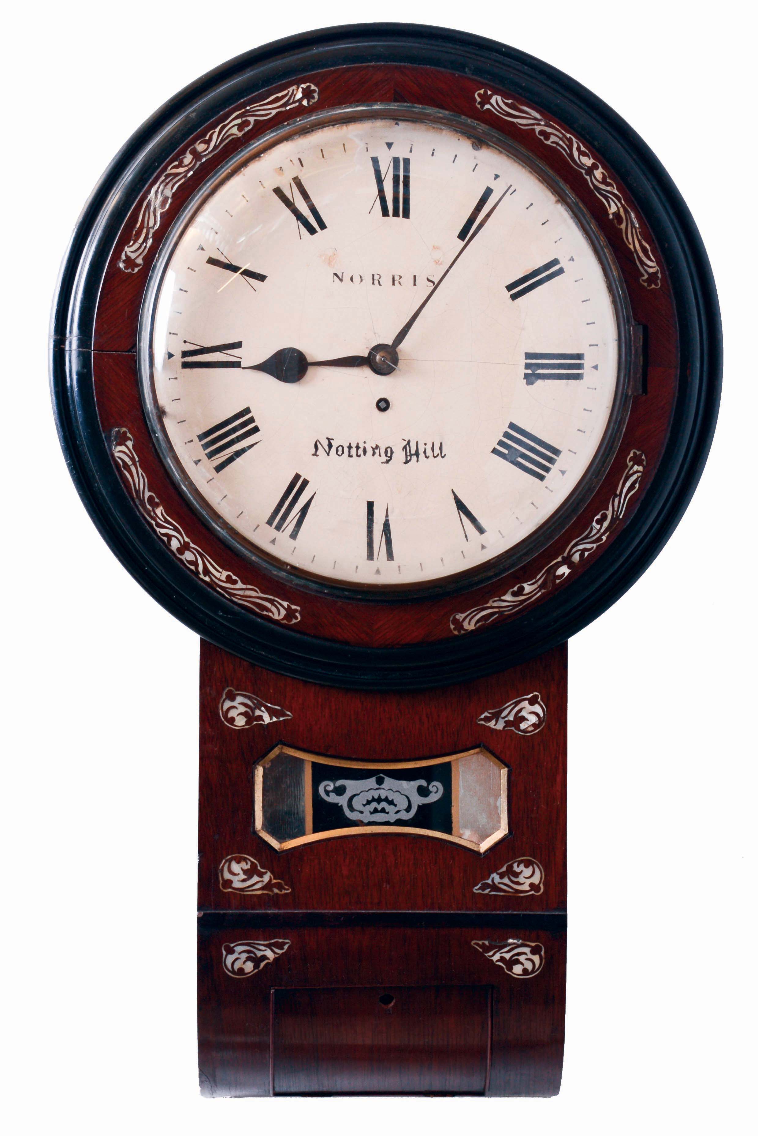 English, 8 days, spring brass fusee movement wall timepiece with MOP inlay, c1890 — Antique Clocks Price Guide