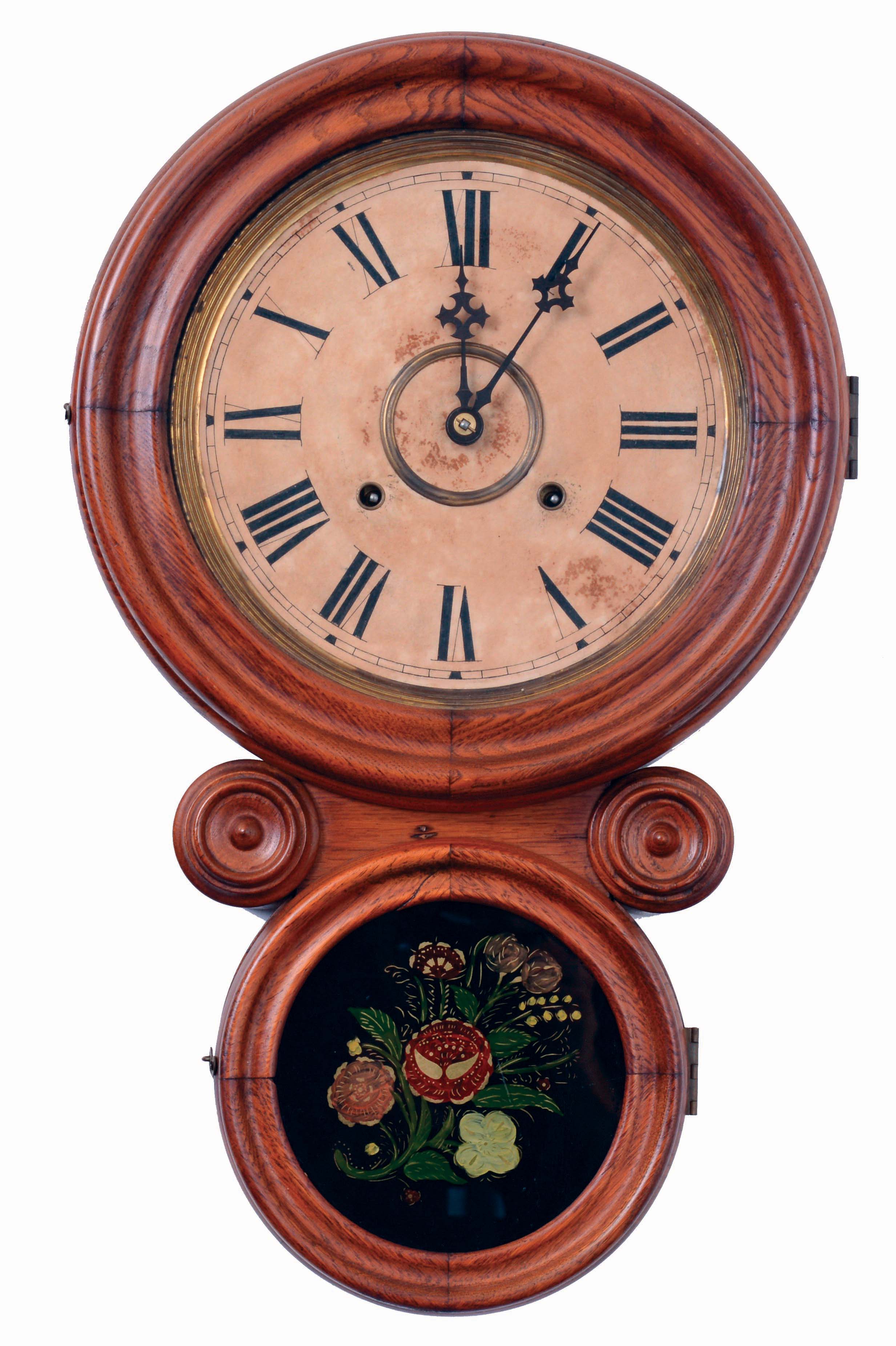 E. Ingraham &amp; Co., Bristol, Conn., "Ionic", 8 days, time and strike, spring driven brass movement wall clock, c1895. — Antique Clocks Price Guide