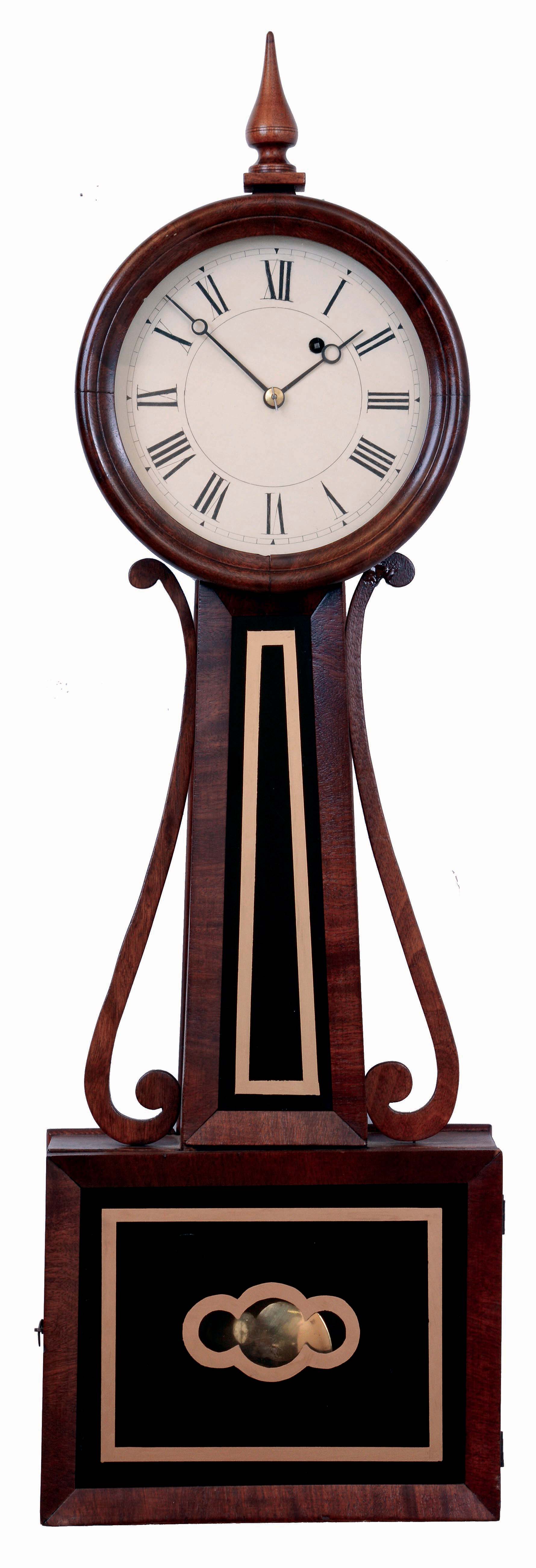 Massachusetts, Attleboro-style Banjo clock, weight driven 8 days timepiece in a mahogany case with wooden side arms, reverse painted tablets, square bottom, c1850 — Antique Clocks Price Guide