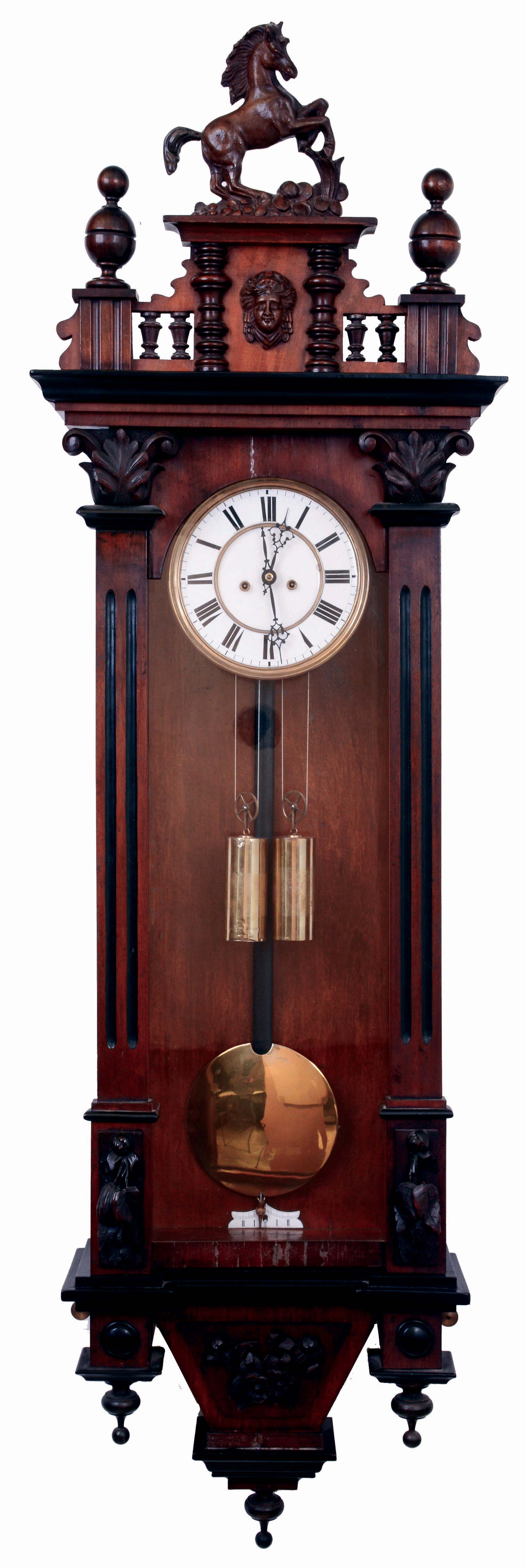 German, 2-weight, gong strike, "Vienna Regulator" in a walnut veneer case and with original top surmounted by a horse, c1875 — Antique Clocks Price Guide