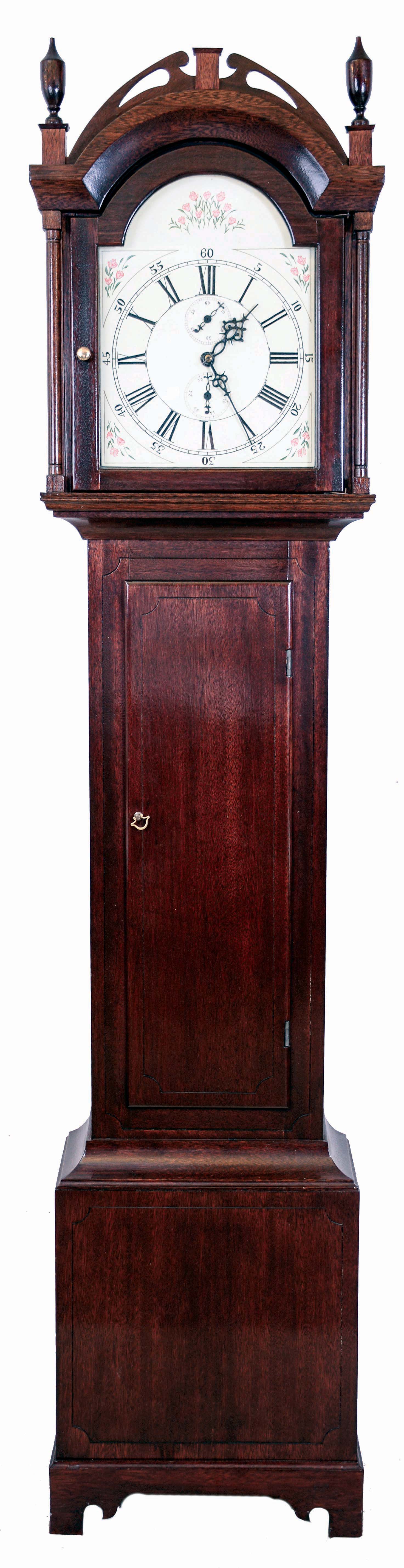 Tall clock, 30 hours, time and strike, Plymouth, Conn. weight driven wooden movement, c1815, in a modern mahogany case with modern painted wooden dial. — Antique Clocks Price Guide