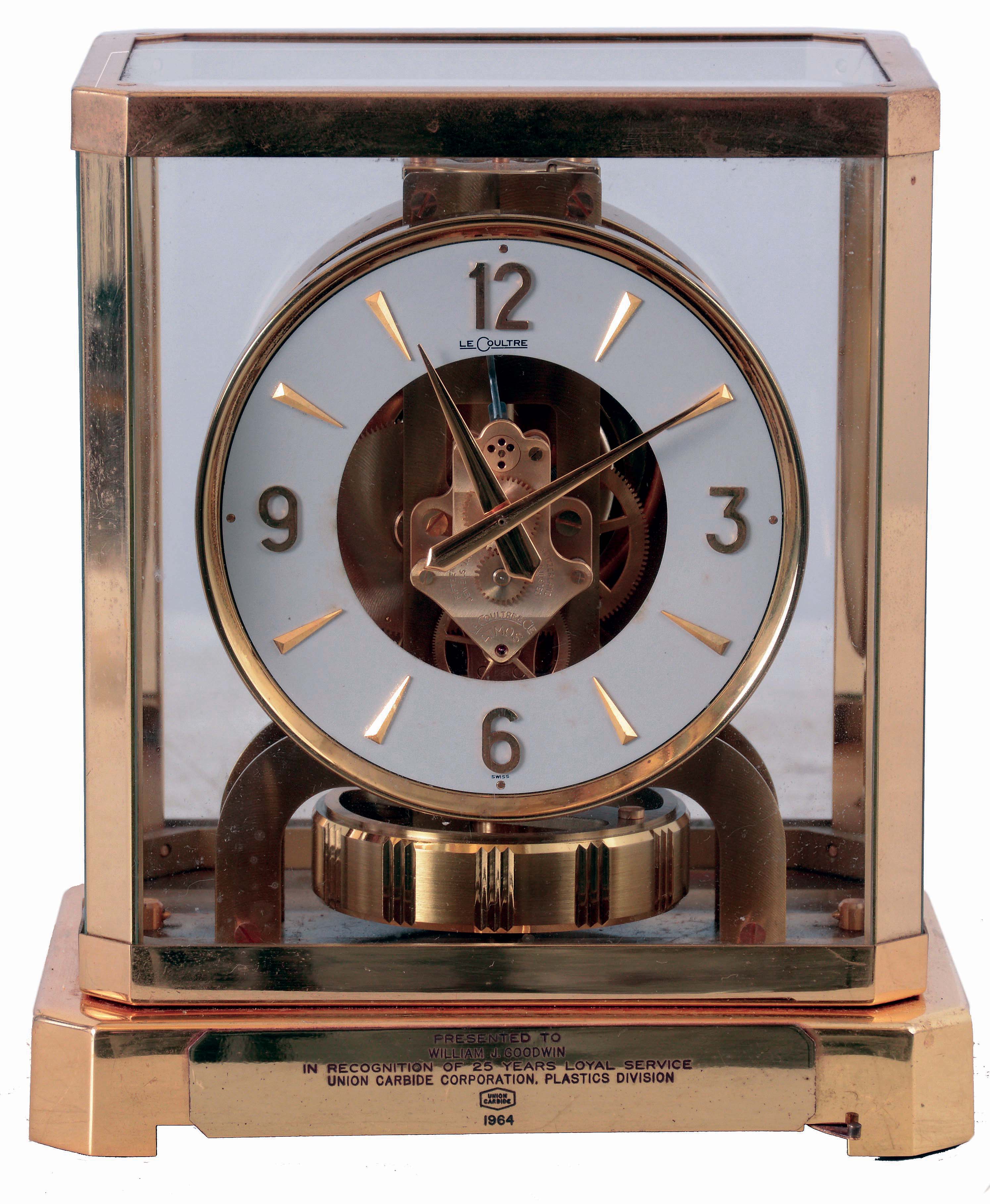 Jaeger-LeCoultre Atmos "Model 526" Swiss gold-plated brass and glass perpetual mantel clock, #160989, c1964 — Antique Clocks Price Guide