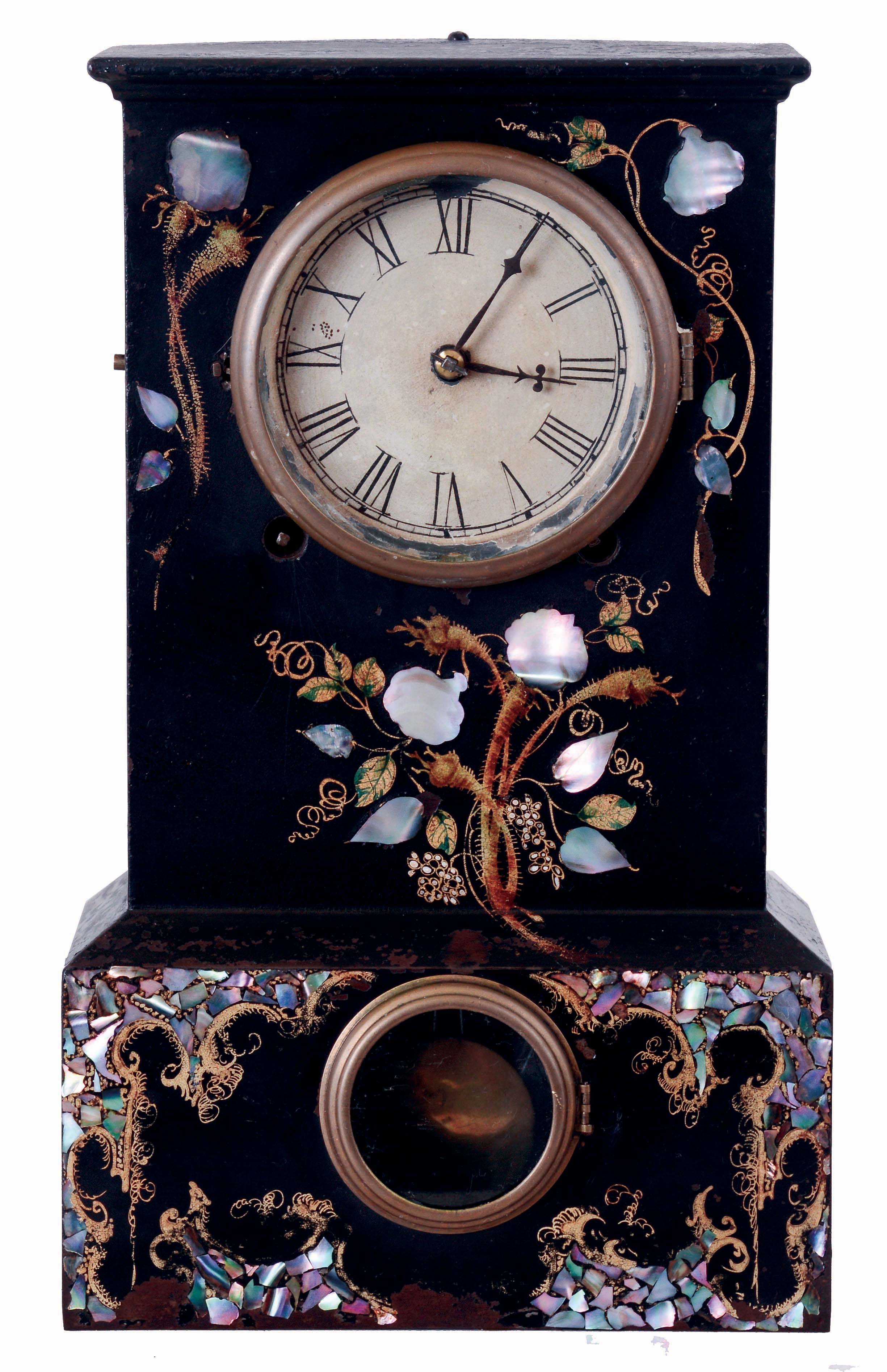 Terry &amp; Andrews, Bristol Conn., iron-case mantel clock with M.O.P decoration and 8 days, time &amp; strike movement, c1848. — Antique Clocks Price Guide