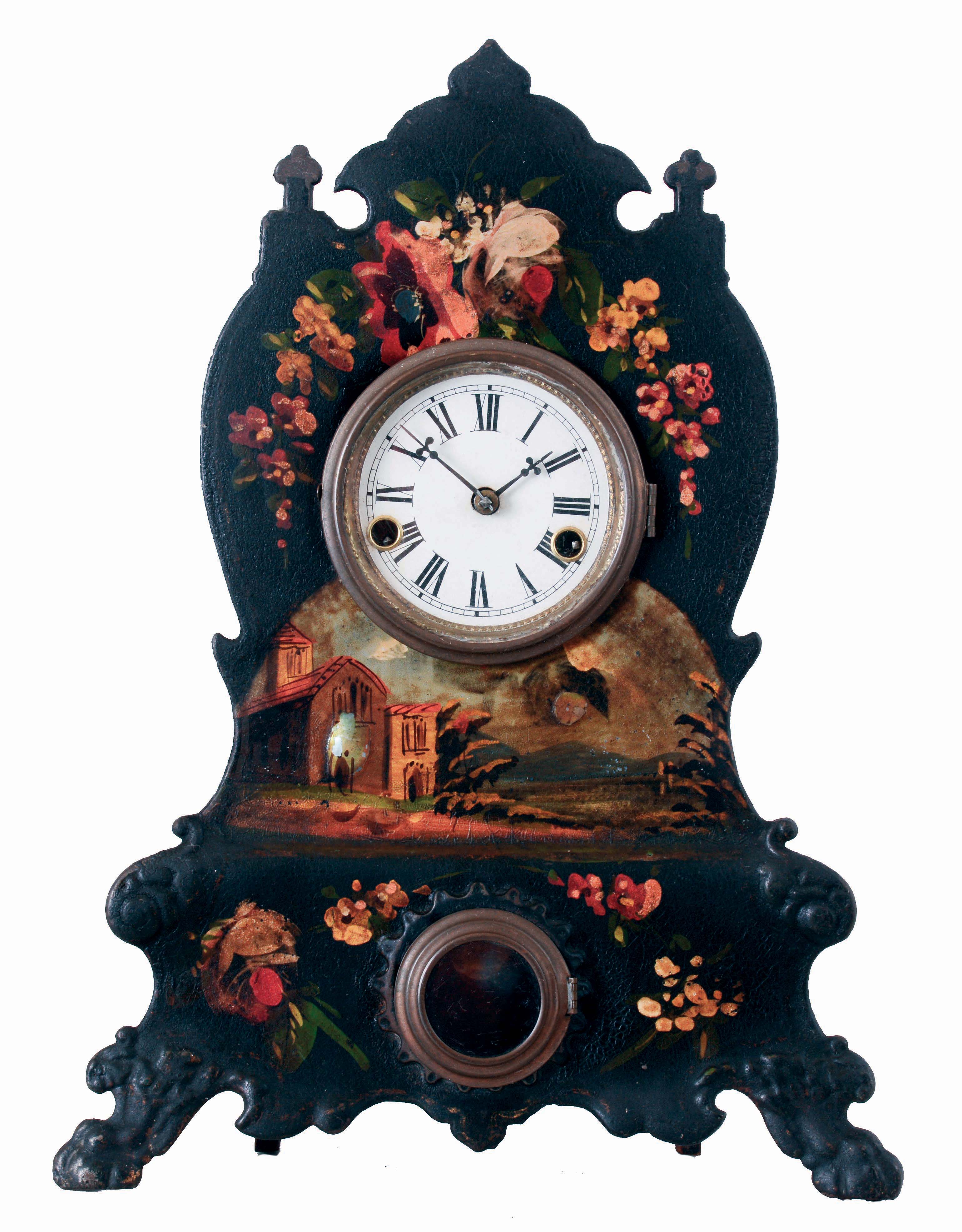 American Clock Co., 3 Cortlandt St., New York, NY, Painted Iron Front shelf clock with a spring driven, 30 hours time and strike movement, c1855. — Antique Clocks Price Guide