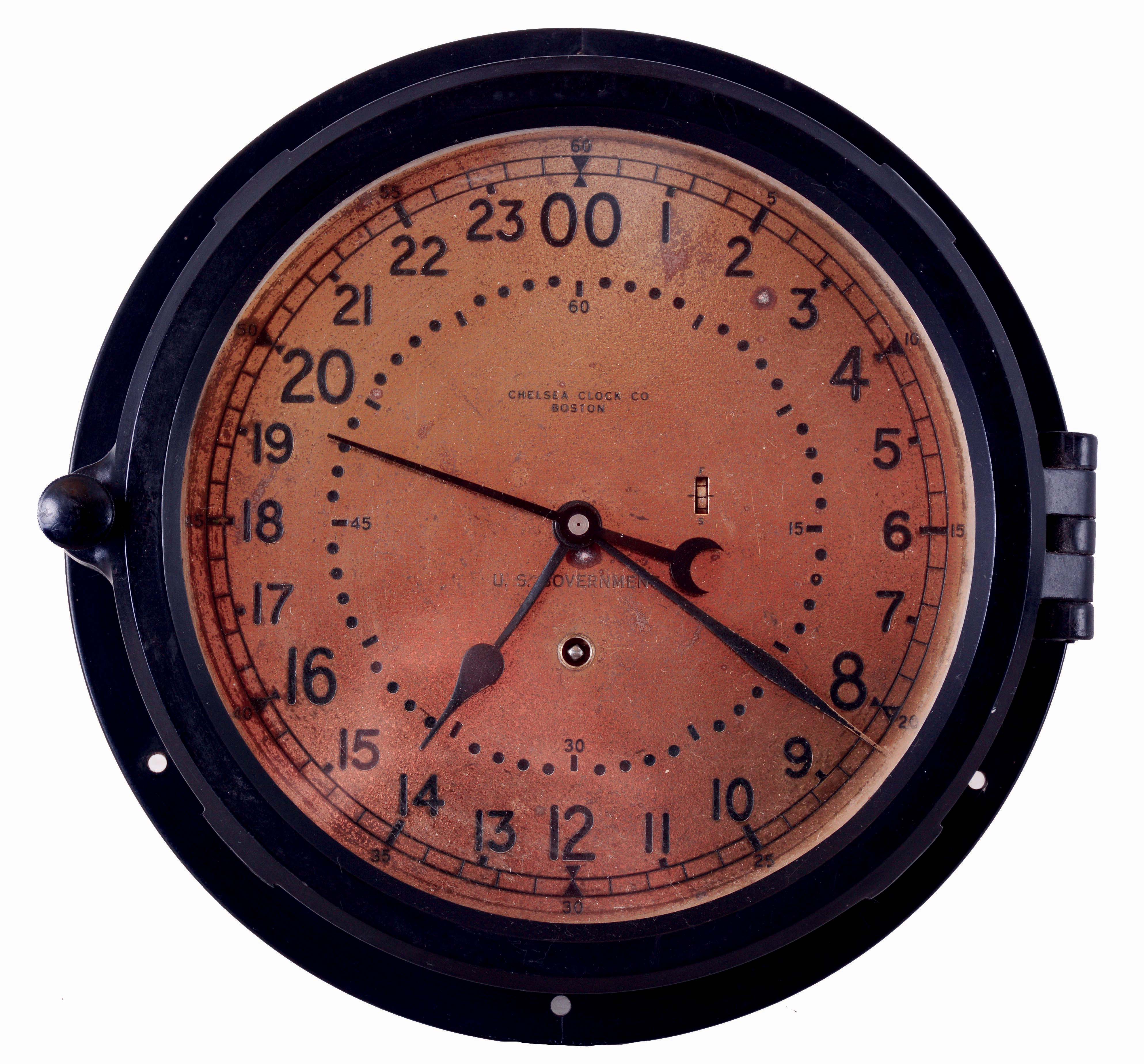 Chelsea Clock Co., Boston, Mass., 8 days, spring brass movement engine room wall timepiece, c1966 — Antique Clocks Price Guide