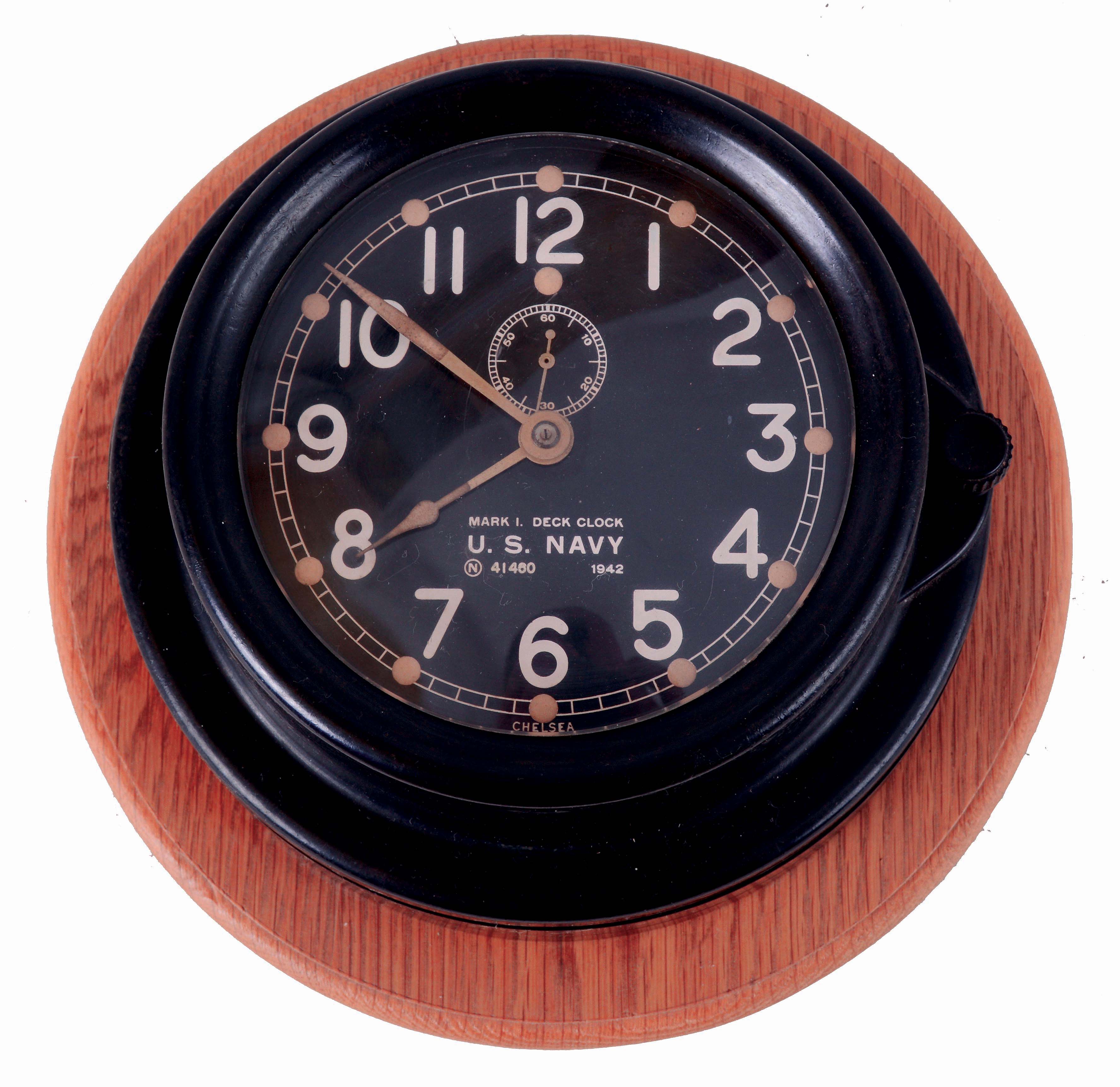 Chelsea Clock Co., Chelsea, Mass. "Mark 1 Deck Clock", 8 days, spring brass movement ship's deck clock dated 1942. serial #391859 — Antique Clocks Price Guide