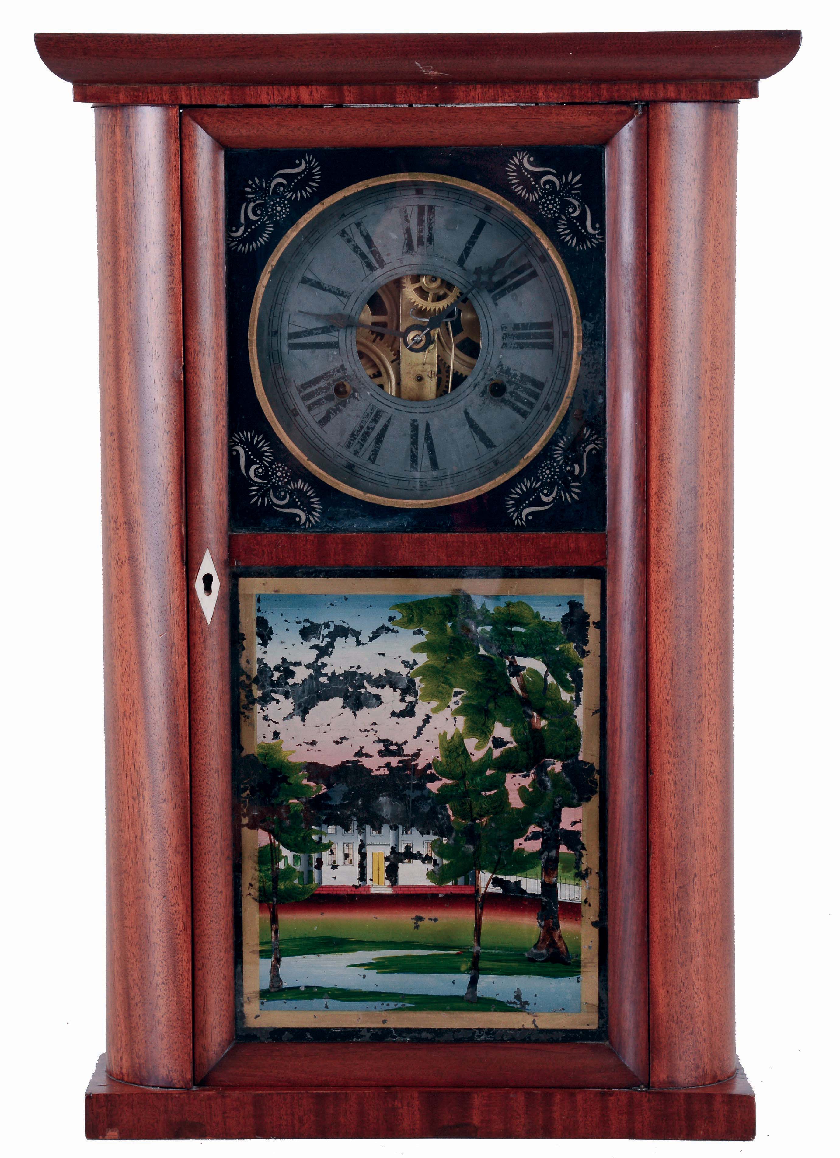C. &amp; N. Jerome, Bristol, Conn., mahogany round sided shelf clock with 30 hours, time and strike, brass weight driven movement, c1838. — Antique Clocks Price Guide