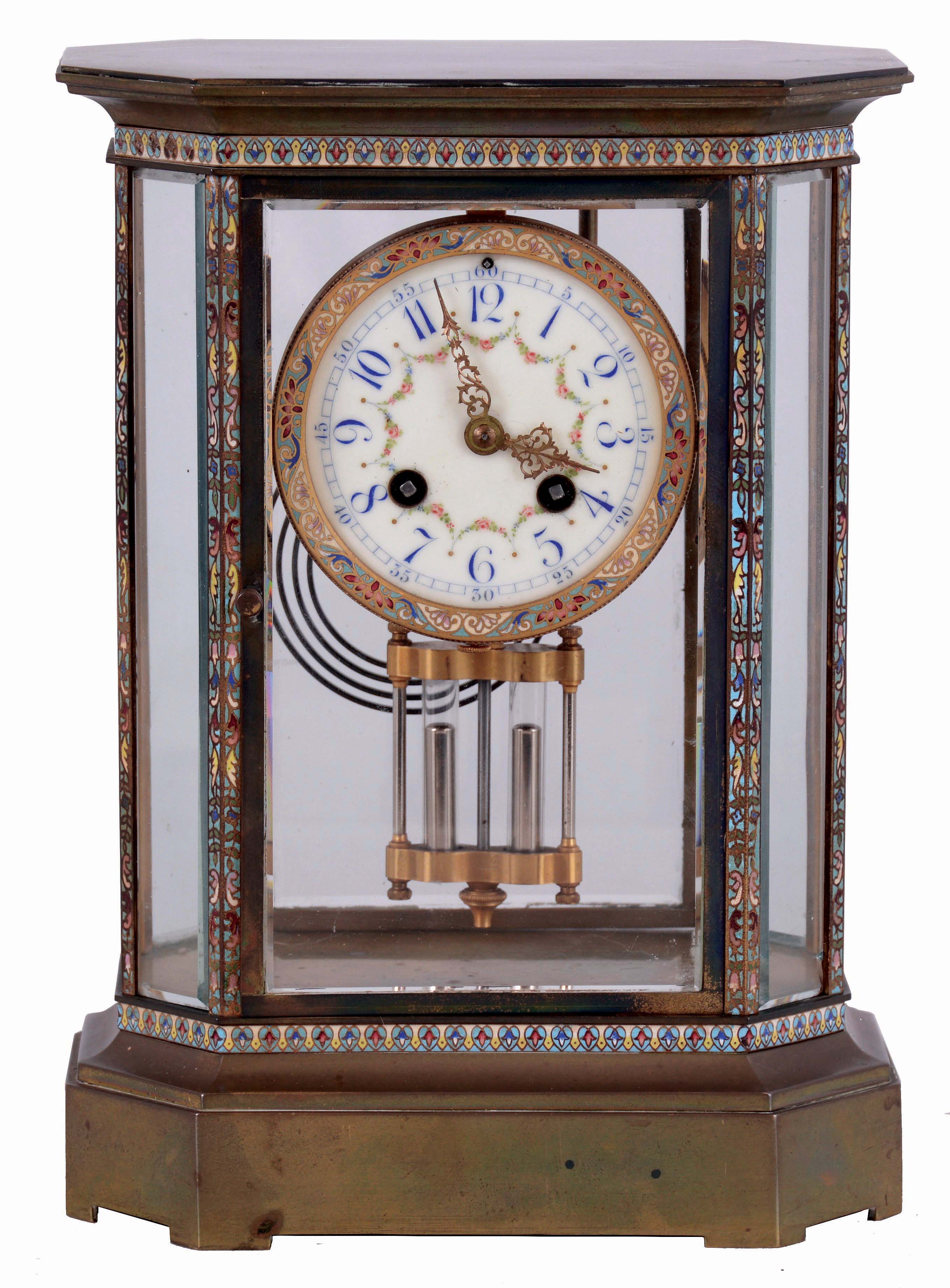 French, Japy Feres, 8 days, time and strike, spring driven brass movement brass and Cloisonne crystal regulator mantel clock, c1900 — Antique Clocks Price Guide