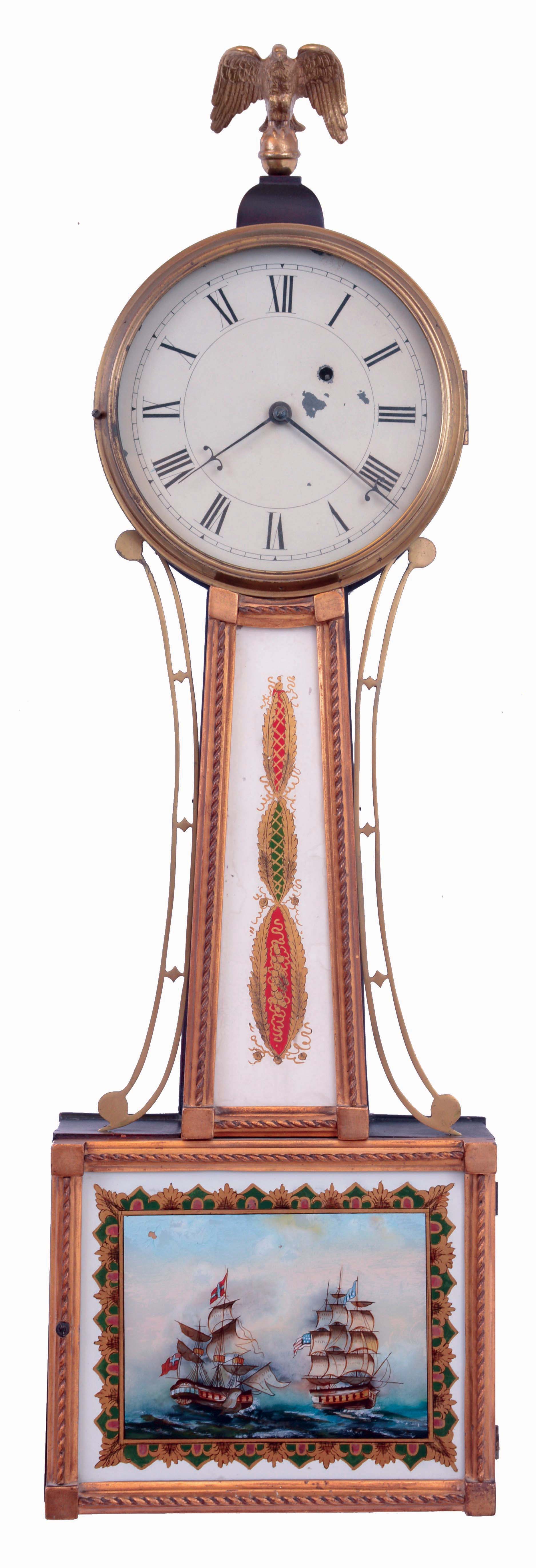 Massachusetts, unsigned 8 days weight driven brass movement banjo timepiece, c1825 The movement has characteristics of those made by Sawin &amp; Dyar. — Antique Clocks Price Guide