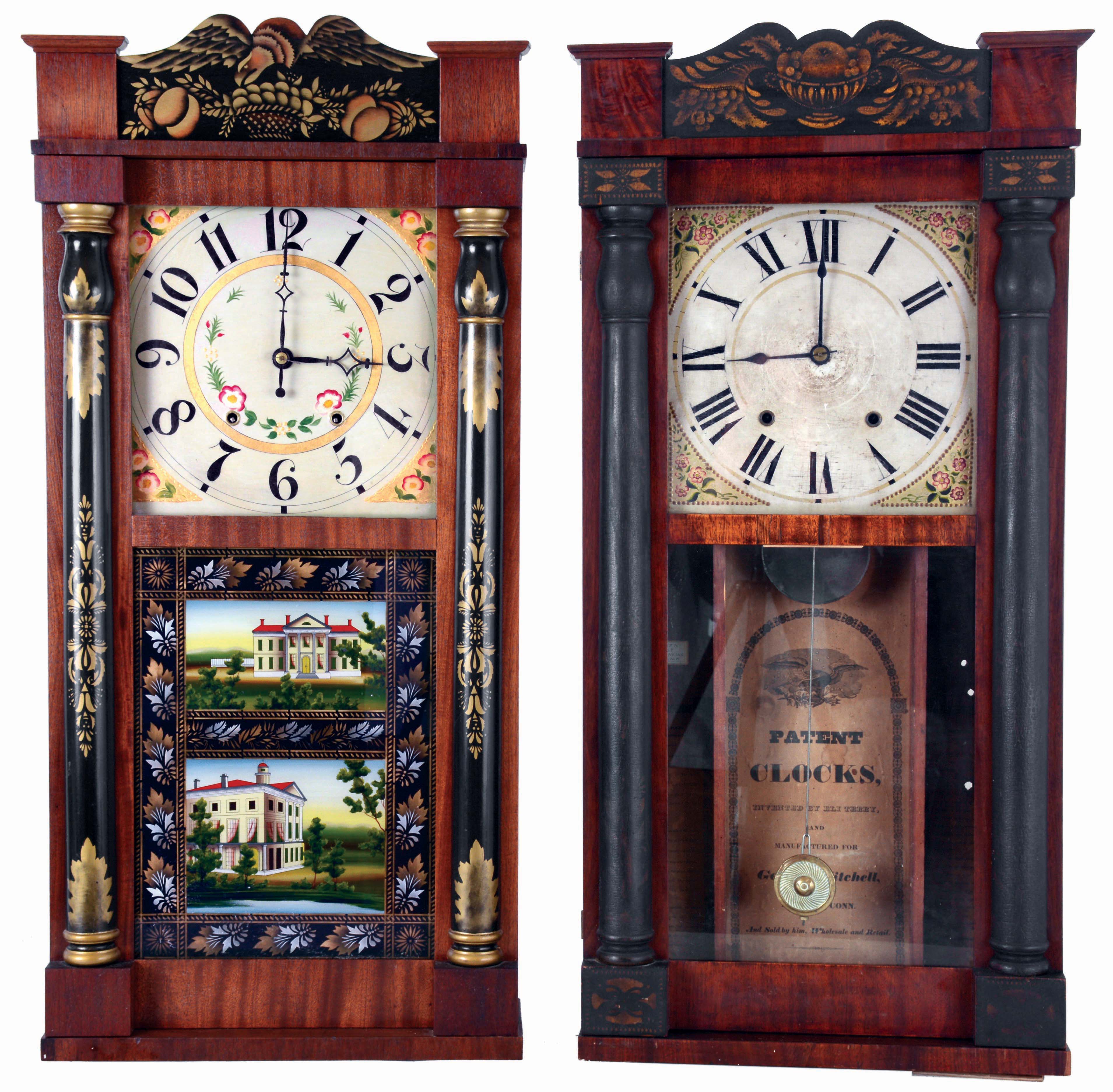 Clocks- 2 (Two):American: (1) George Mitchell, 30 hours, time and strike weight driven wood movement half column &amp; splat shelf clock; (2) George Mitchell, 30 hours, time and strike weight driven wood movement half column &amp; splat shelf clock, both earlier style cases with columns on sash, c1830. — Antique Clocks Price Guide