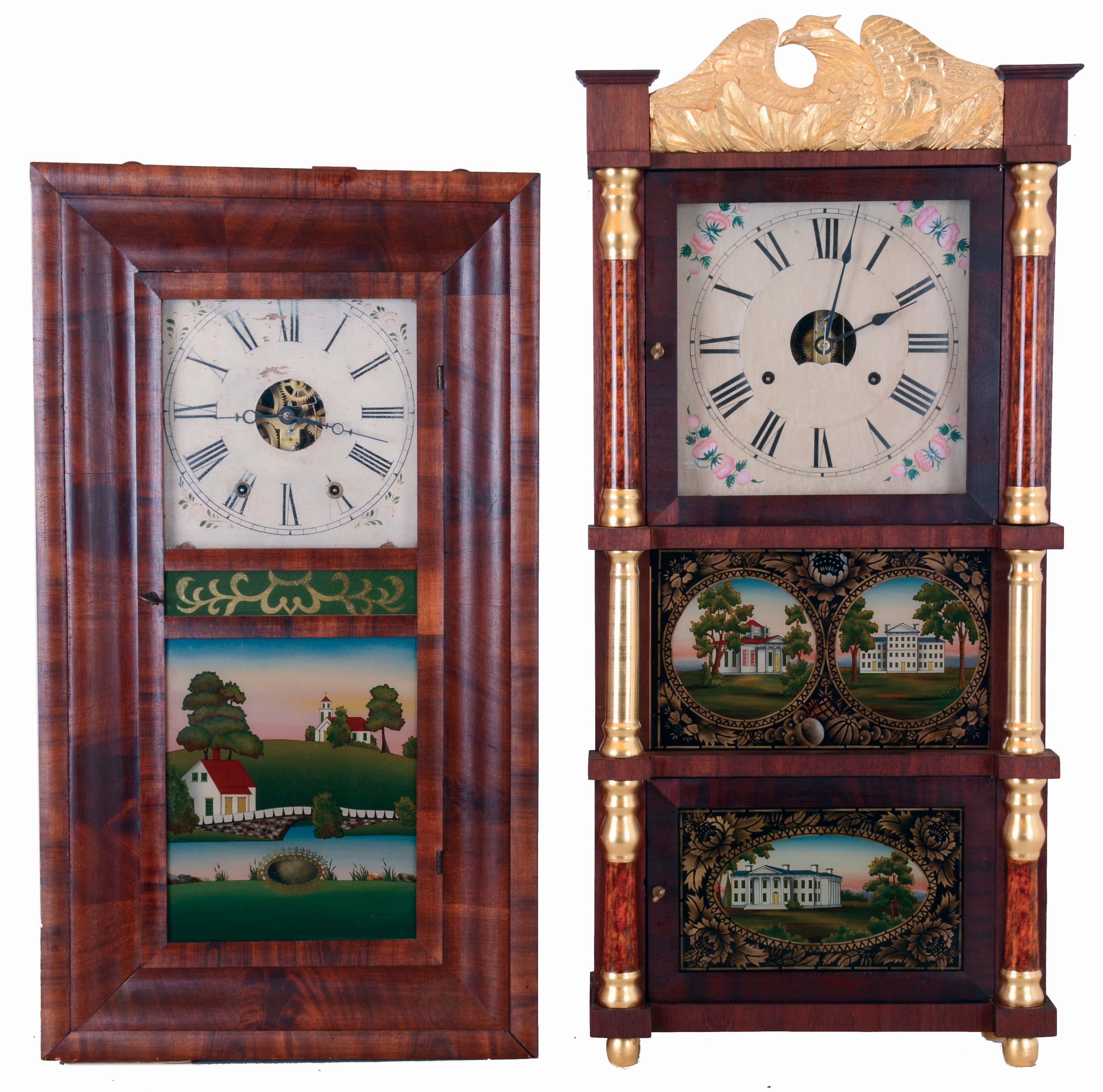 Clocks- 2 (Two) American: (1) Chauncey Jerome, 8 days, time and strike, weight driven brass movement OOG shelf clock, c1850; (2) Birge, Peck &amp; Co., 8 days, time and strike, weight driven brass movement triple decker shelf clock, c1849. — Antique Clocks Price Guide