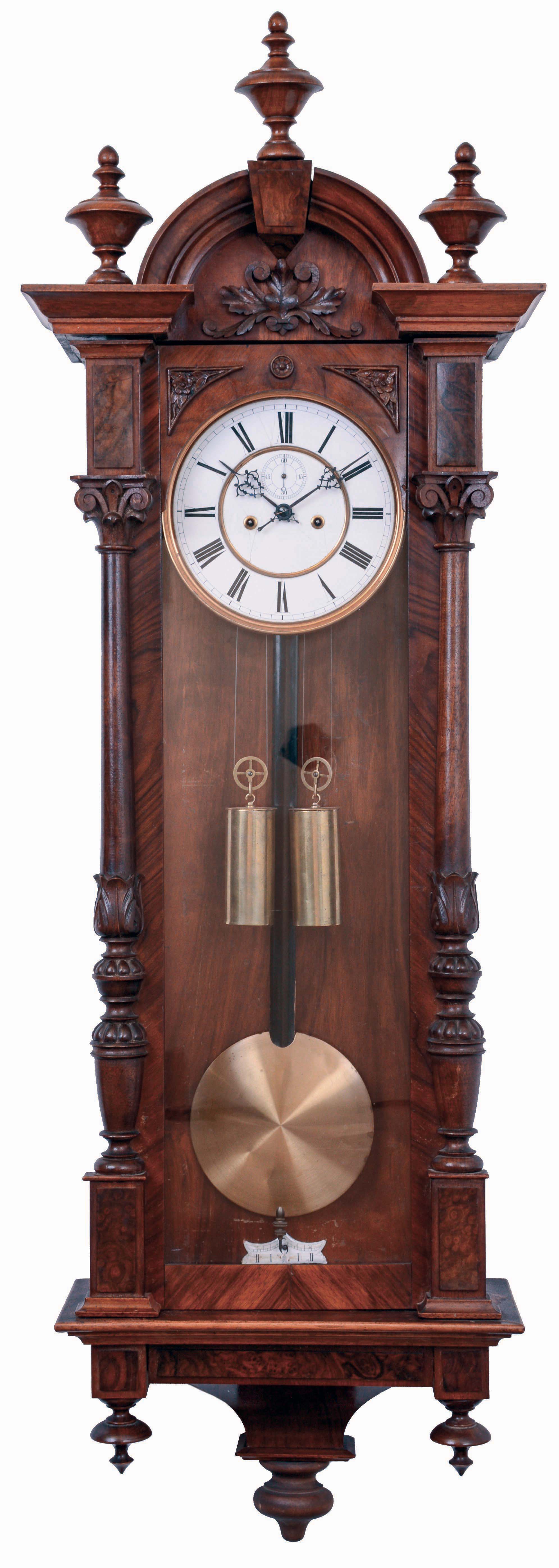 Lenzkirch, Germany, model 517, 2-weight "Vienna Regulator", 8 days, time and gong strike, in a walnut case with burled and carved accents, serial #384148, c1877. — Antique Clocks Price Guide
