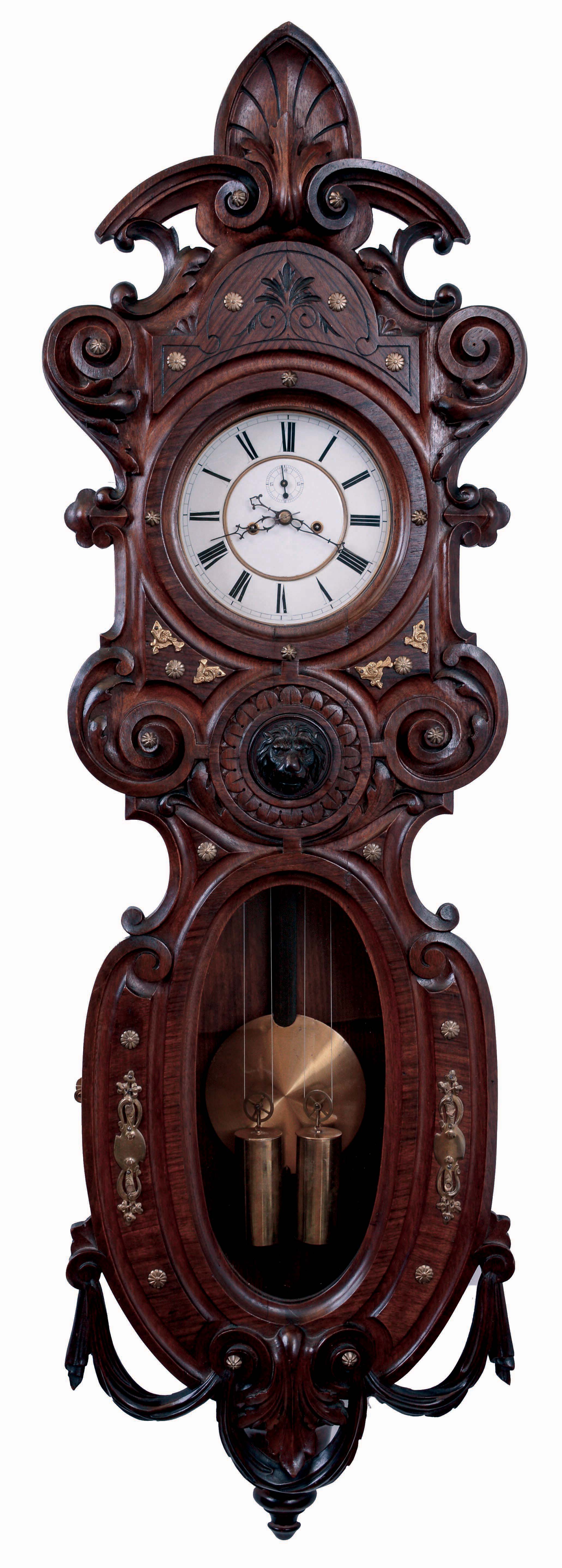 German, 2-weight "Vienna" style wall clock, in an unusual alt Deutsch case with carvings and brass appliquEs., serial #293731, c1875, with restorations. — Antique Clocks Price Guide