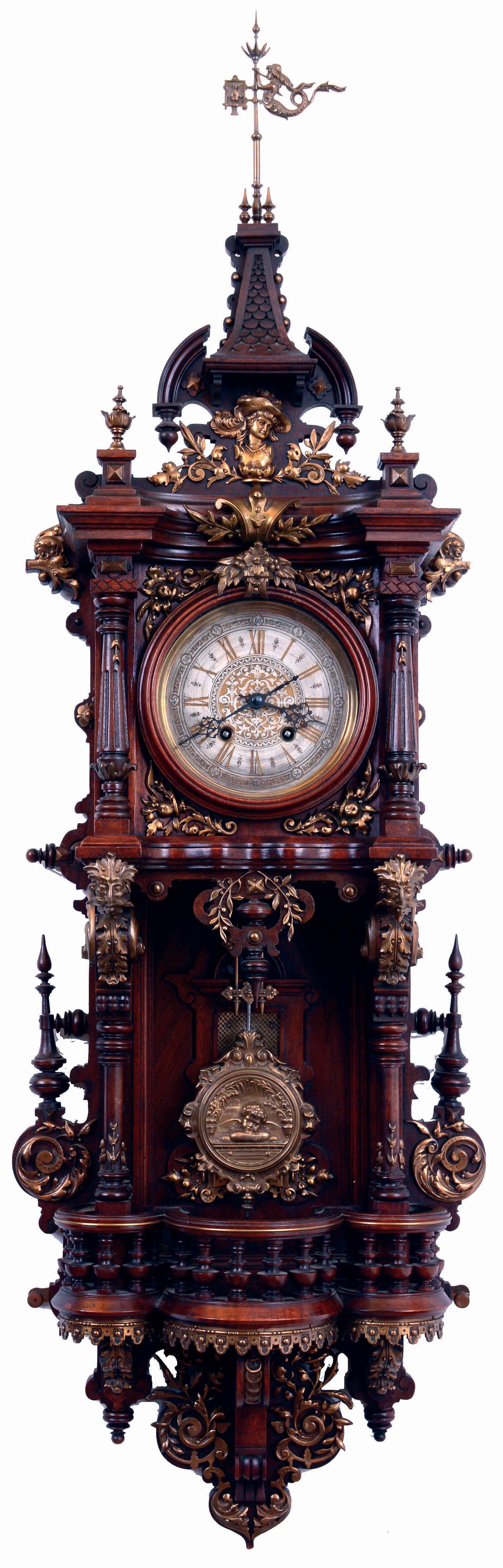 Lenzkirch, Germany, model 676 "The Little Mermaid", walnut wall clock with profuse bronze decorations, 8 days, time and gong strike, serial #1Million, 219,792, c1899 — Antique Clocks Price Guide