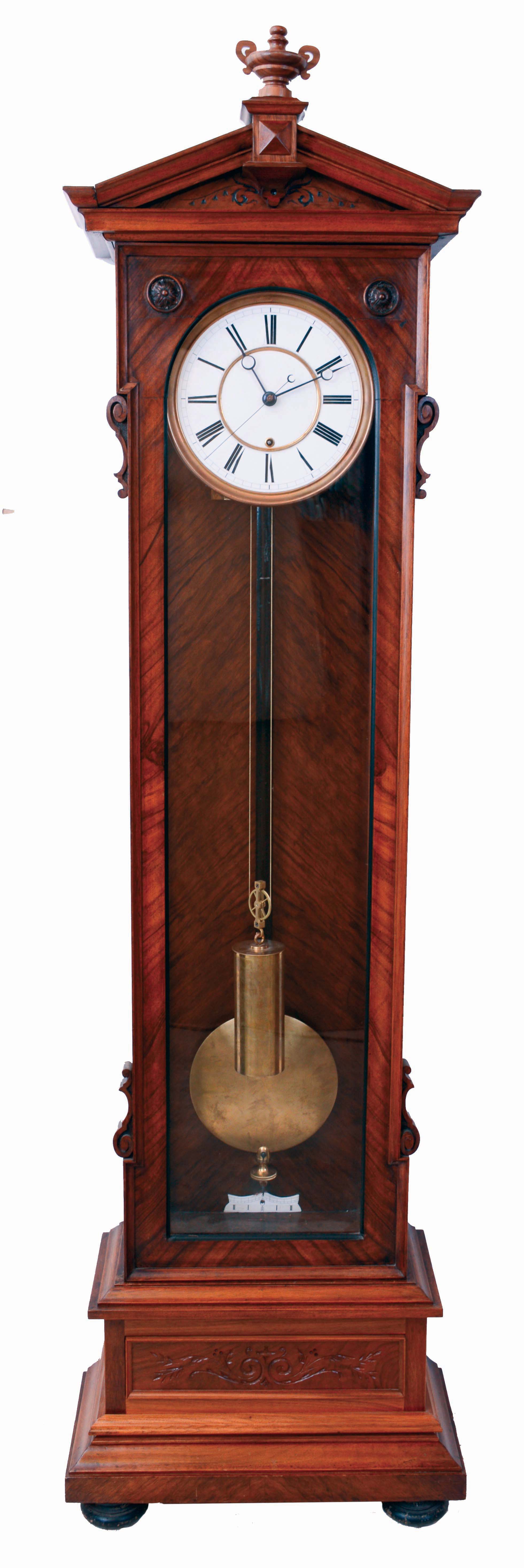 Lenzkirch, Germany, standing regulator, model 478, walnut and matched walnut veneer case of architectural form, ornamented with applied moldings, turned elements, and carving, and with a drawer in the base, and resting on turned feet, Roman numeral white enamel dial with brass bezel, blued steel Breguet style hands, and with center seconds hand, month going jeweled brass timepiece movement with deadbeat escapement and jeweled Vulliamy pallets, brass clad weight, ebonized pendulum rod with brass ball, rating nut with engraved scale and pointer, serial #404071, case bottom marked "G. Bauer Anno 1873" — Antique Clocks Price Guide