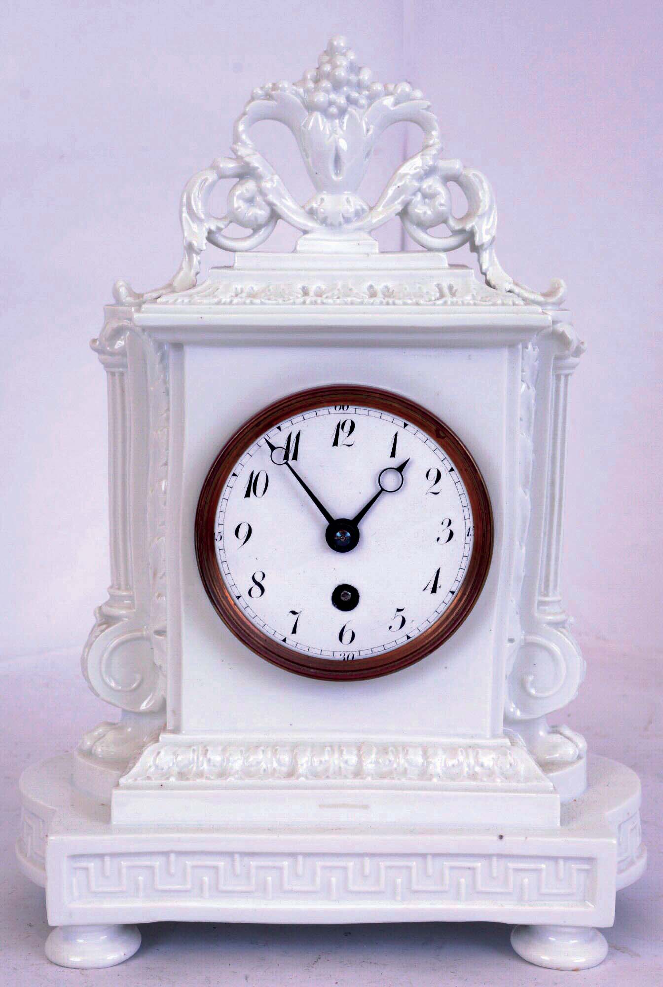 Lenzkirch, Germany, white porcelain, 8 days, time only mantel clock number one million 659760, c1910 — Antique Clocks Price Guide