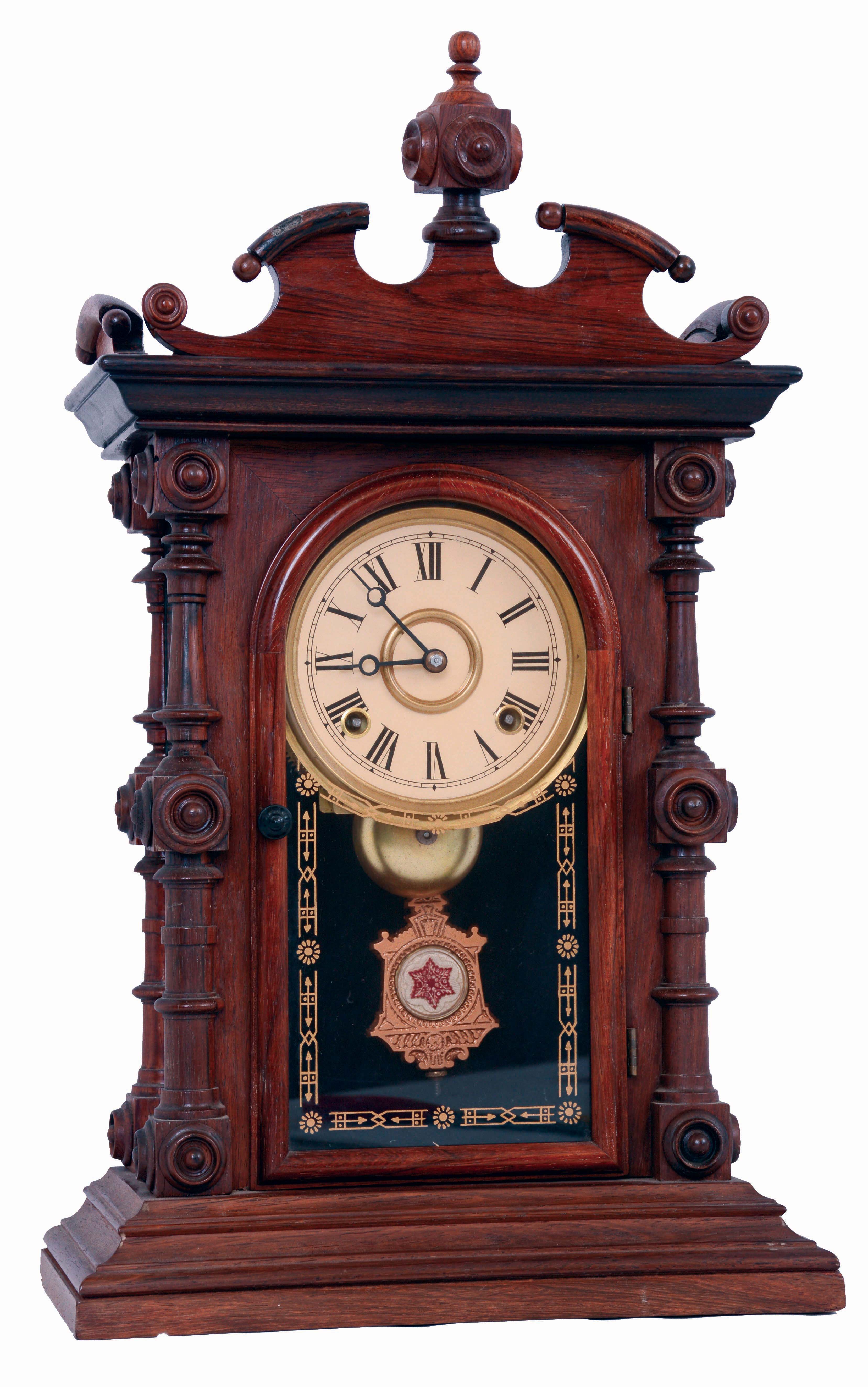 Welch, Spring &amp; Co., Forestville, Conn., "Cary, V.P." 8 days, time and strike, spring driven brass movement shelf clock with alterations, c1880 — Antique Clocks Price Guide