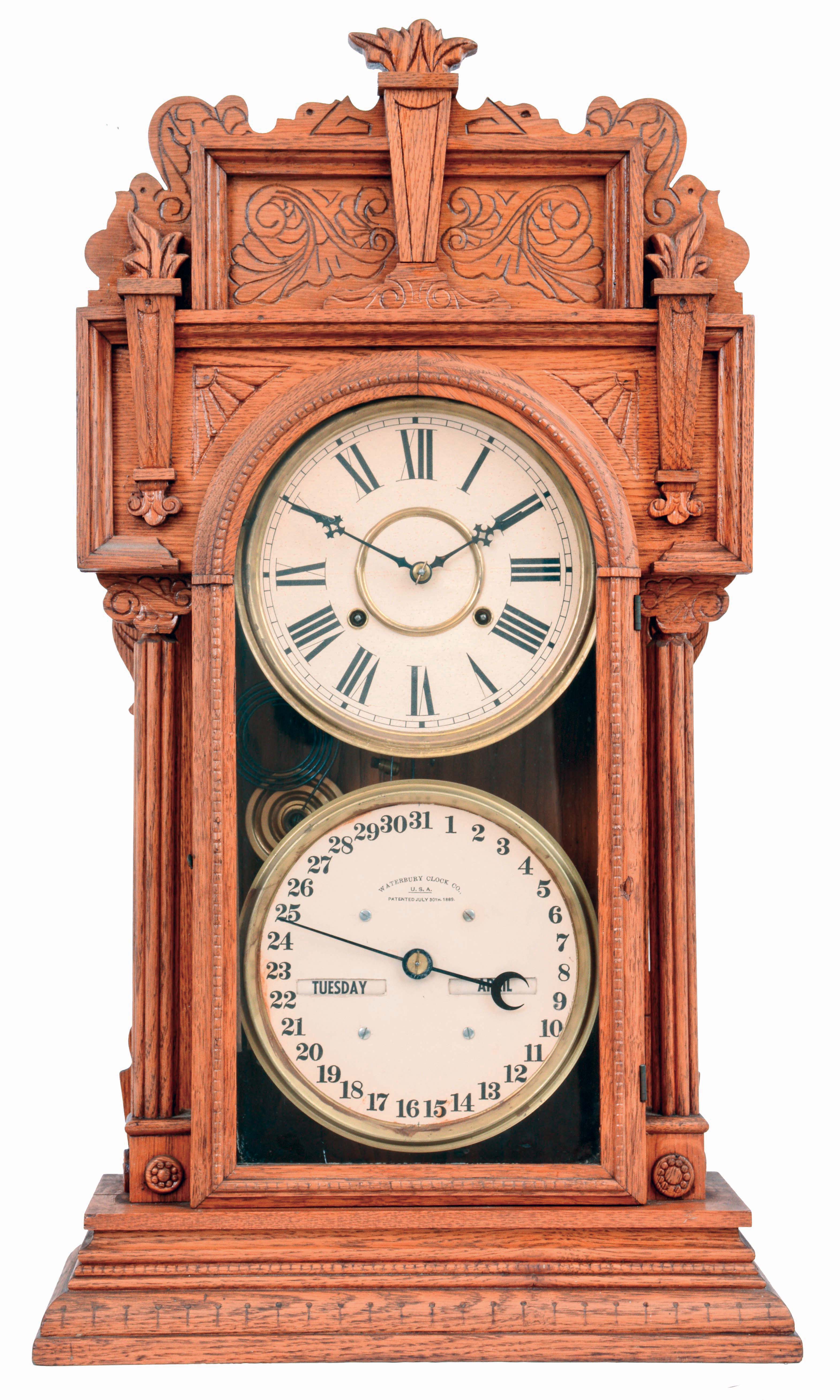 Waterbury Clock Co., Waterbury, Conn., "Calendar No. 43", 8 days, time and strike, spring driven brass movement double dial calendar clock, c1912 — Antique Clocks Price Guide