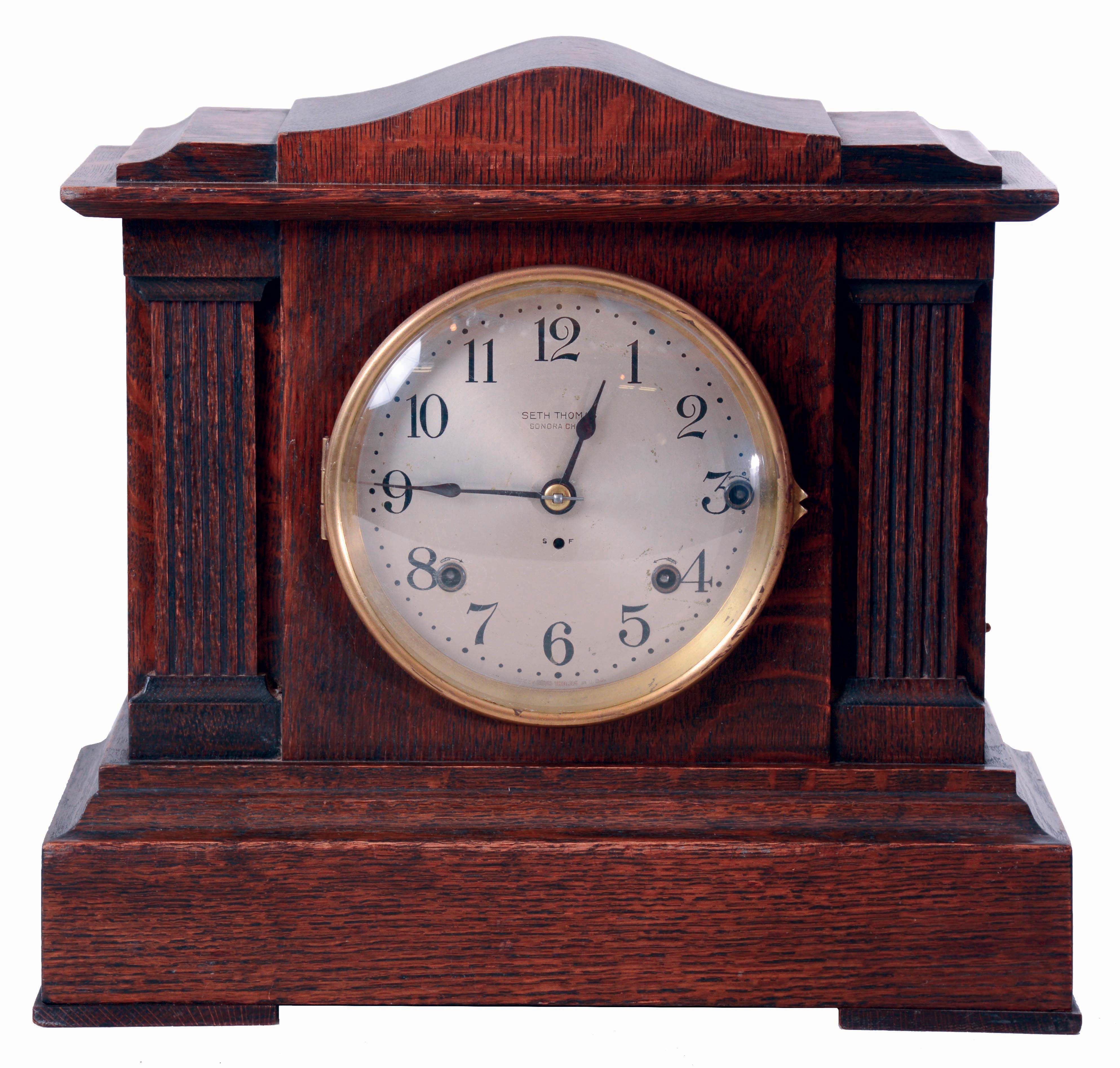 Seth Thomas Clock Co., Thomaston, Conn., "Sonora Chime Clock No. 51" in an oak case with an 8 days, spring driven, time and strike movement and a 4 bell Sonora chime unit, c1913. — Antique Clocks Price Guide