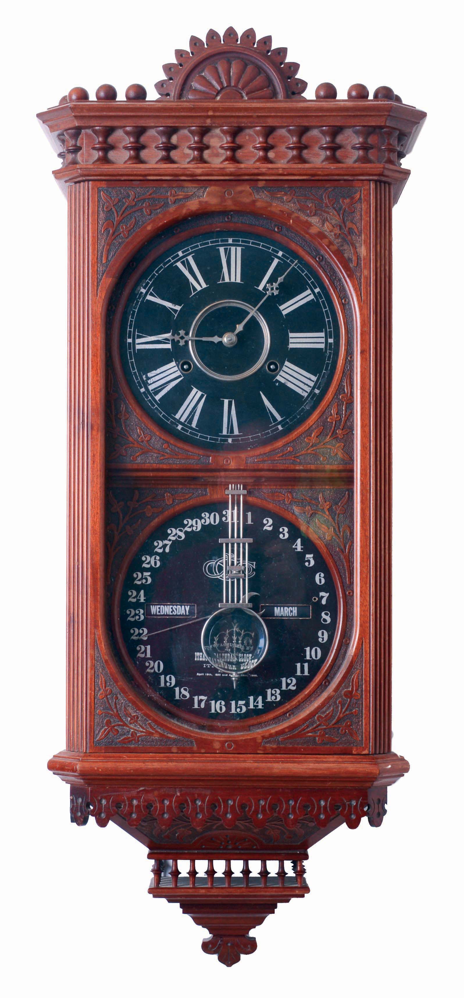 Ithaca Calendar Clock Co., Ithaca, NY, "Hanging Kildare", with original E. N. Welch 30 day, spring driven brass movement double dial calendar clock, c1880. — Antique Clocks Price Guide
