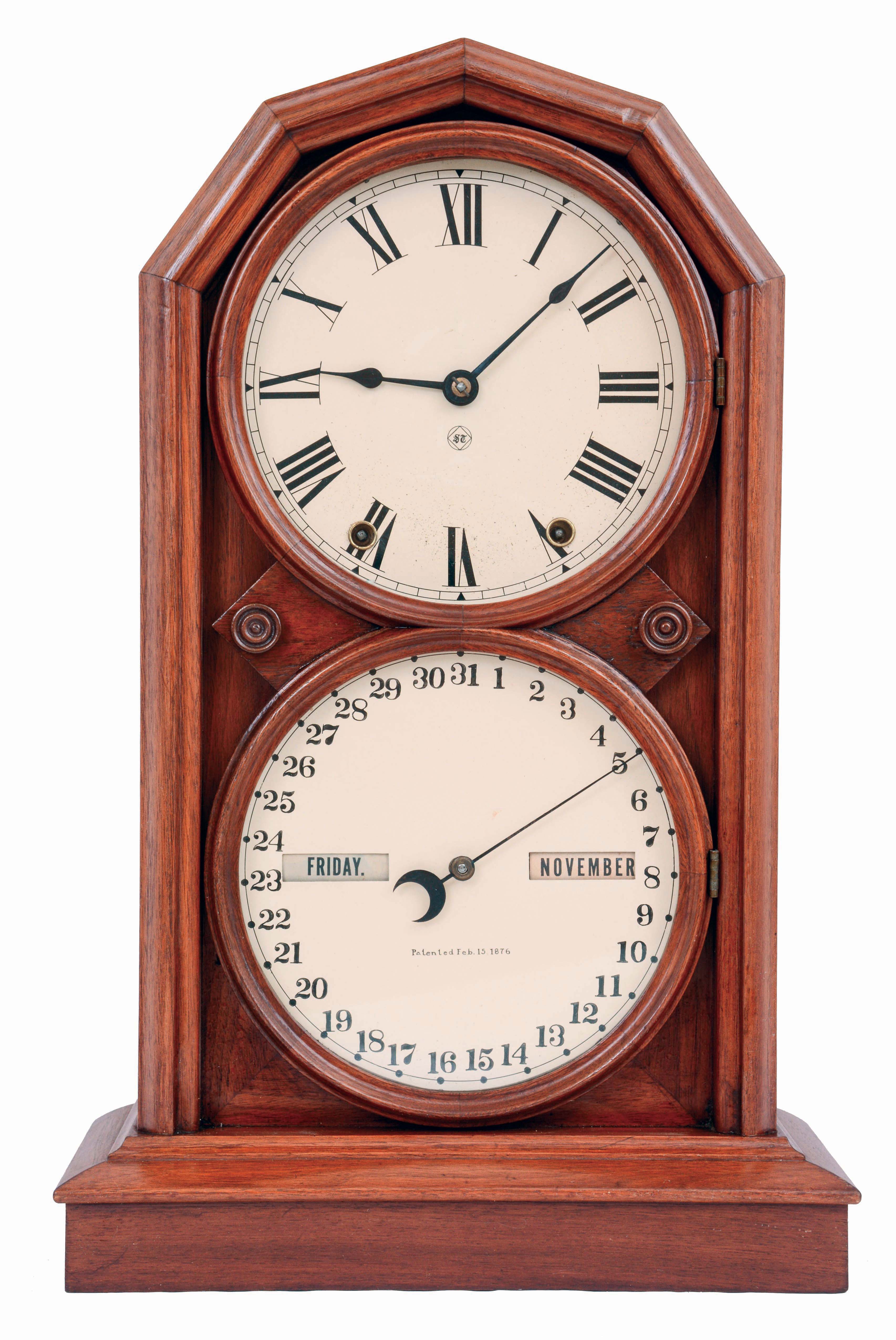 Seth Thomas Clock Co., Thomaston, Conn., "Parlor Calendar No. 5", 8 days, time and strike, spring driven brass movement double dial calendar clock, c1884 — Antique Clocks Price Guide