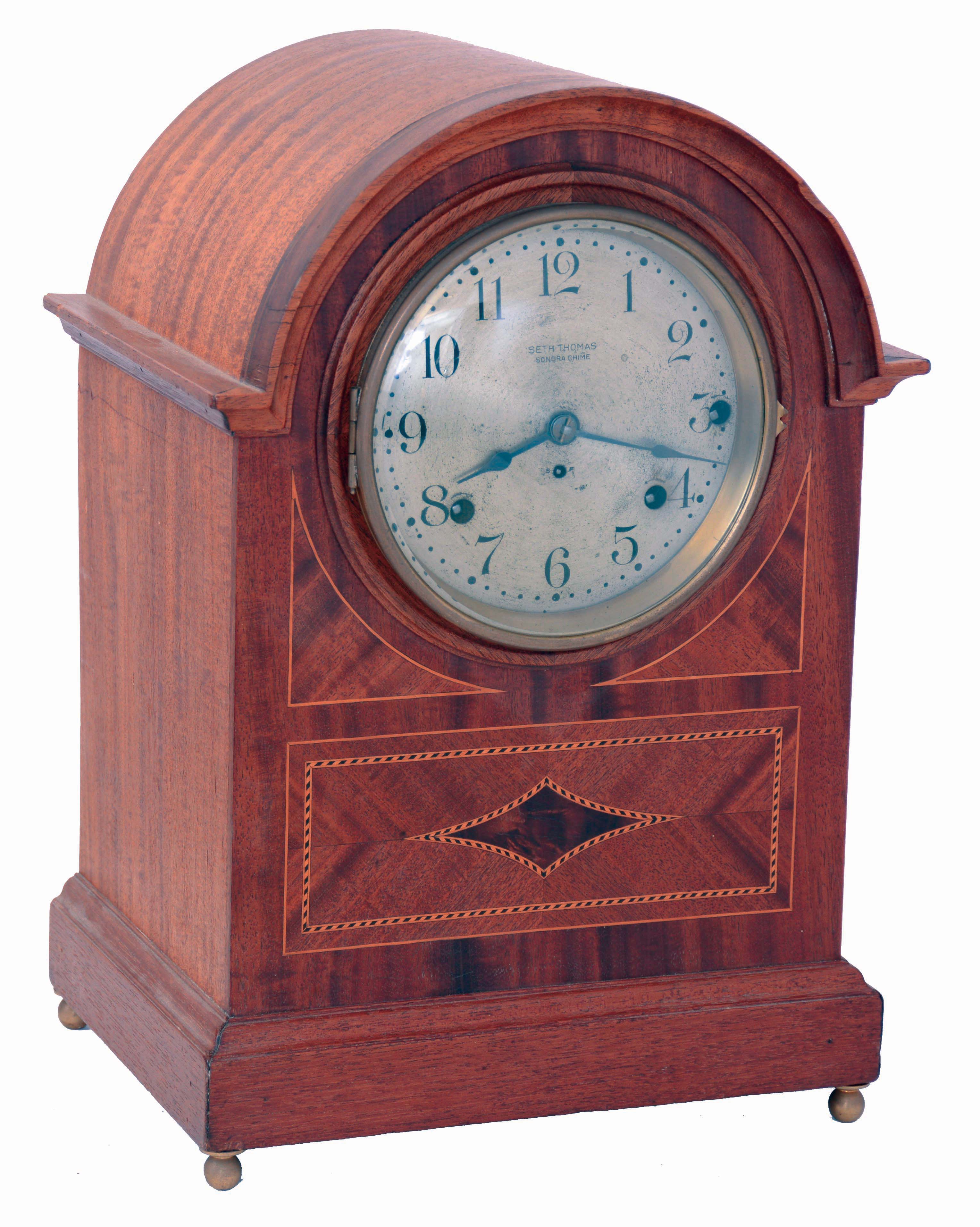 Seth Thomas Clock Co., Thomaston, Conn., Sonora Chime, inlaid mahogany mantel clock with 8 days, 8 bell quarter-chiming movement, c1915 — Antique Clocks Price Guide