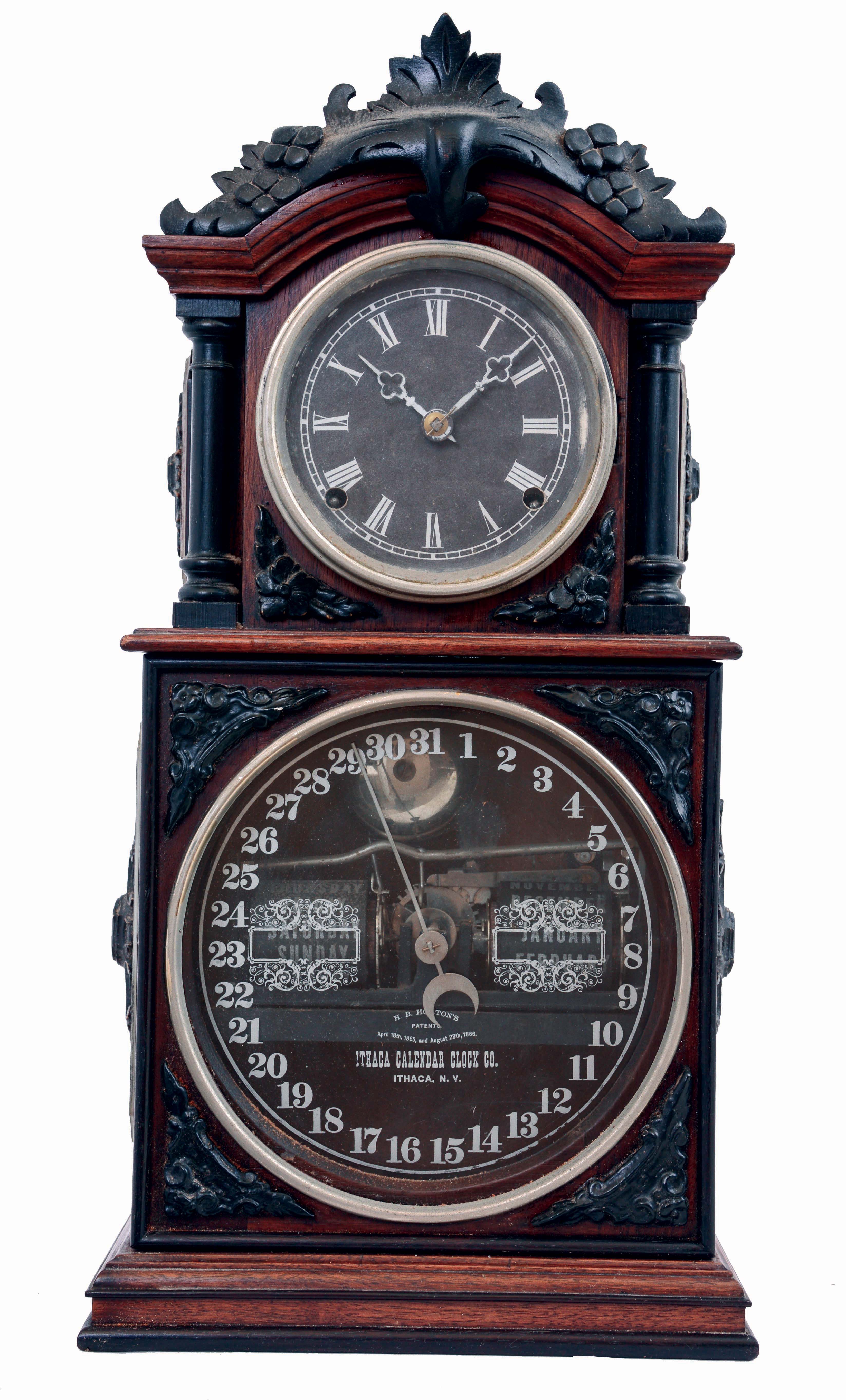 Ithaca Calendar Clock Co., Ithaca, NY, "No. 3 1/2 Parlor", 8 days, time and strike, spring driven brass movement double dial calendar clock, c1881 — Antique Clocks Price Guide