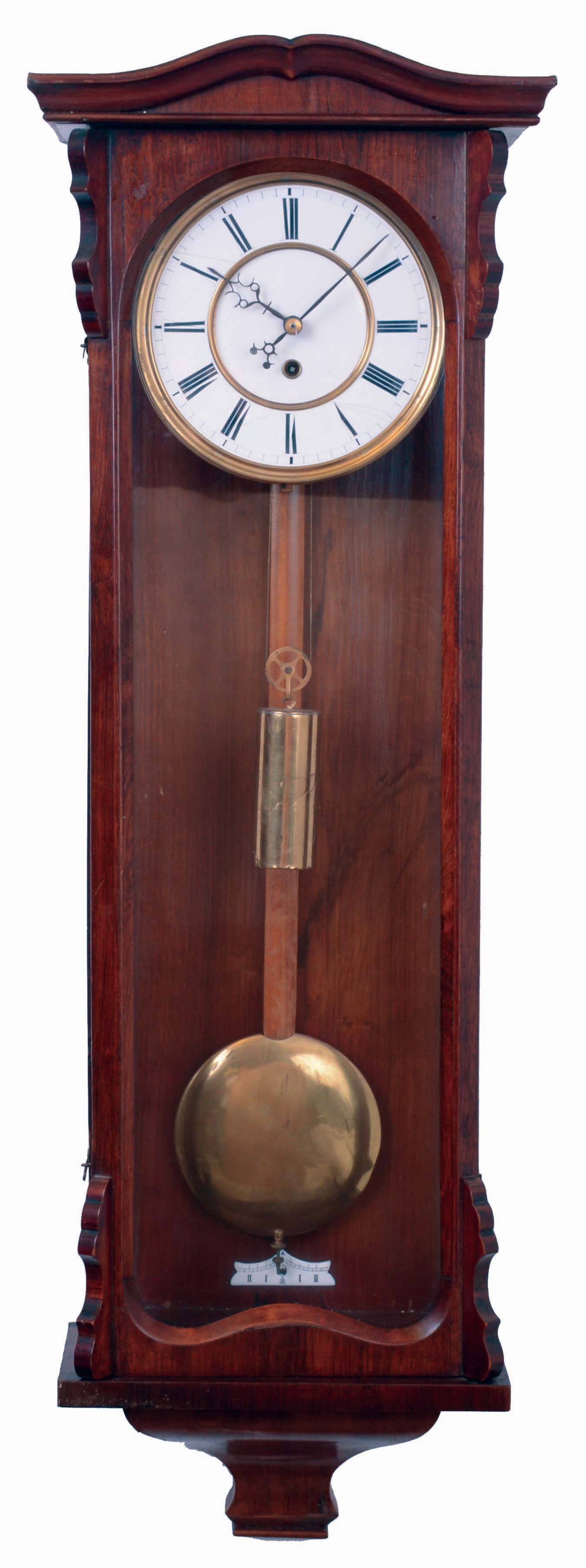 German, single weight "Viennese" timepiece in a slender mahogany case, the movement with Harrisons style maintaining power, and bearing serial #10246, c1870 — Antique Clocks Price Guide