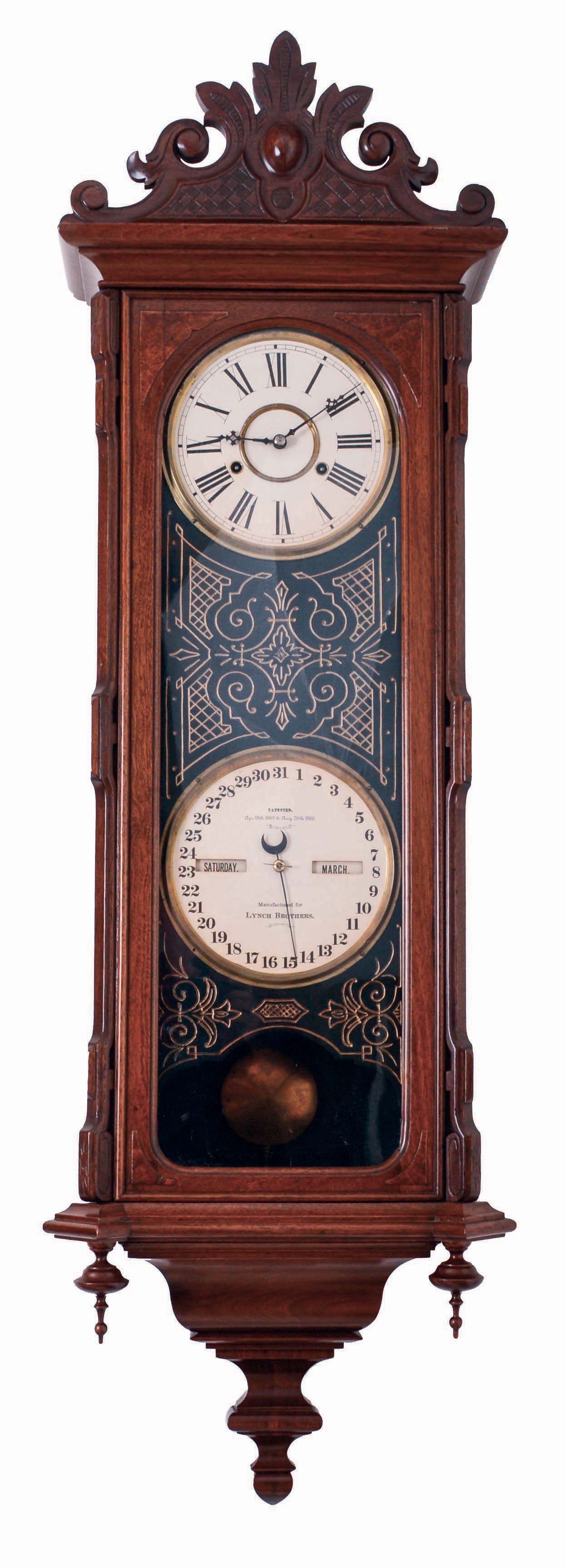 Ithaca Calendar Clock Co., Ithaca, NY, "No. 3 Vienna" wall clock, 30 days, time and perpetual calendar, spring driven movement manufactured by E.N. Welch in a walnut case with papered metal dials and black mask with gold incising, c1880 — Antique Clocks Price Guide