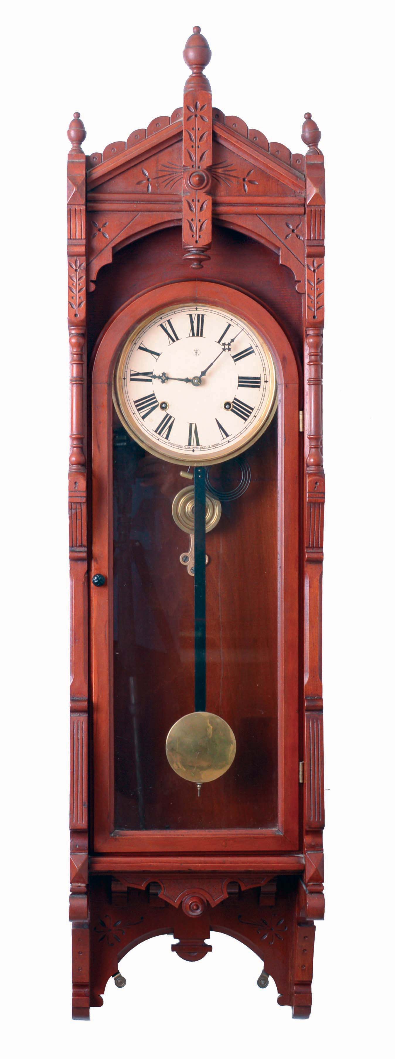 F. Kroeber &amp; Co., New York, NY, "Regulator No. 47" wall clock, 8 days, time and strike, on cathedral gong, spring driven movement in a cherry case with a papered metal dial, c1881. — Antique Clocks Price Guide