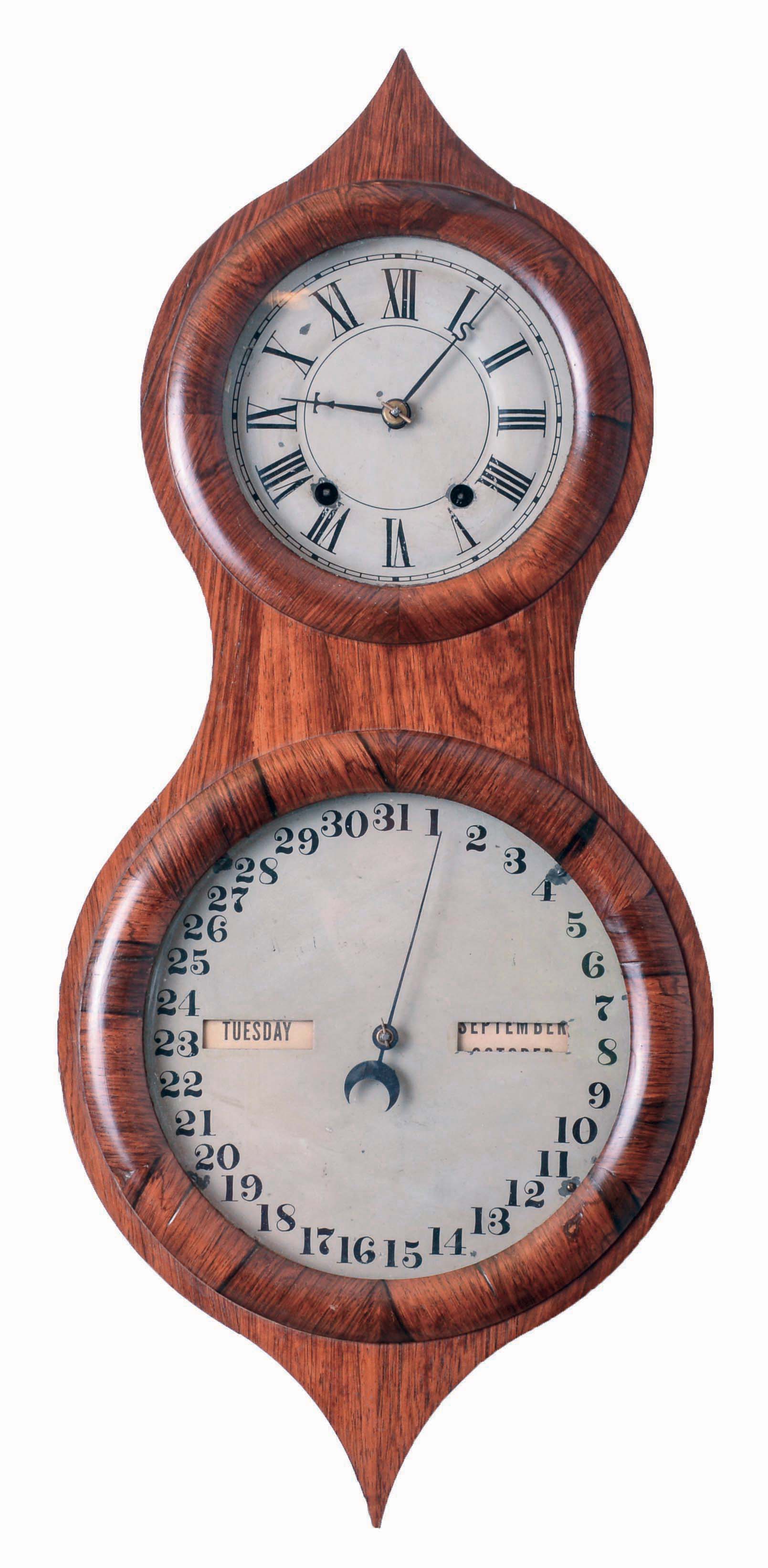 Seth Thomas Clock Co., Thomaston, Conn., "Office Calendar No. 3, often called "Peanut", 8 days, time and strike, spring driven brass movement double dial calendar clock, c1863 — Antique Clocks Price Guide