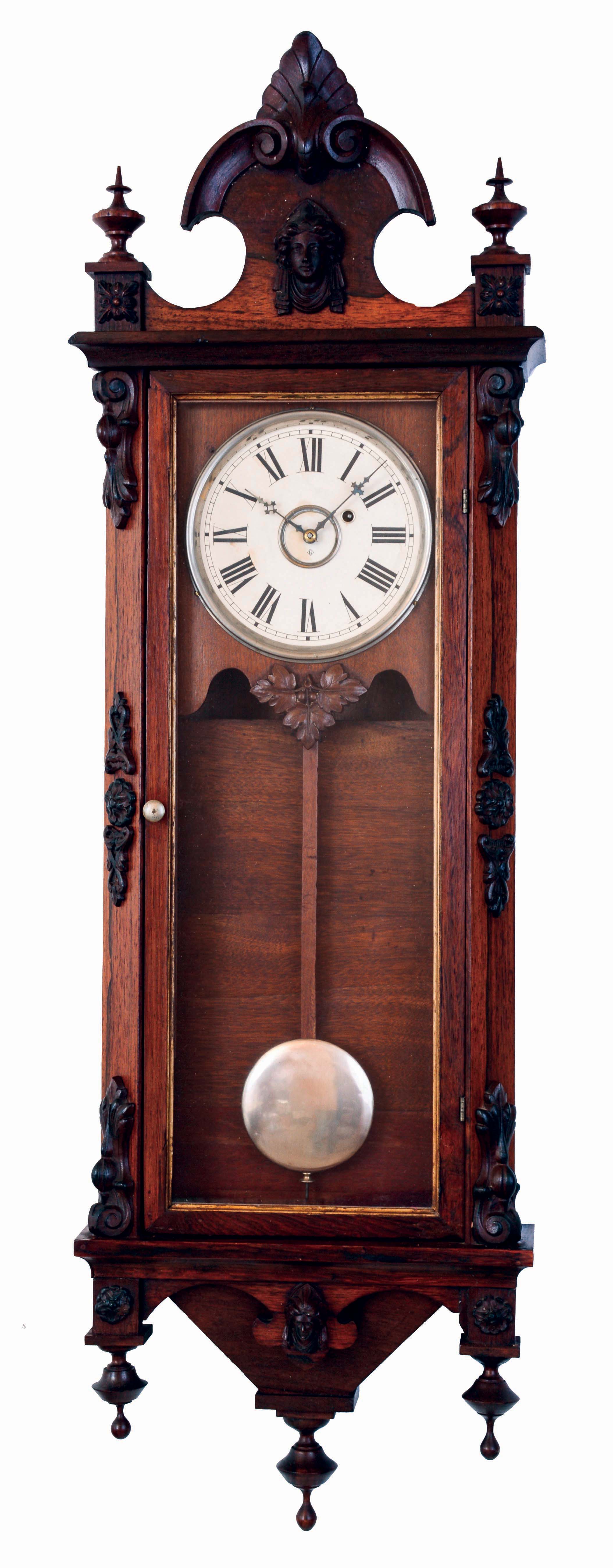 Wm. L. Gilbert Clock Co., Winsted, Conn., "Regulator No. 3", 8 days, weight driven brass movement wall timepiece with applied castings and turned finials, c1875 — Antique Clocks Price Guide