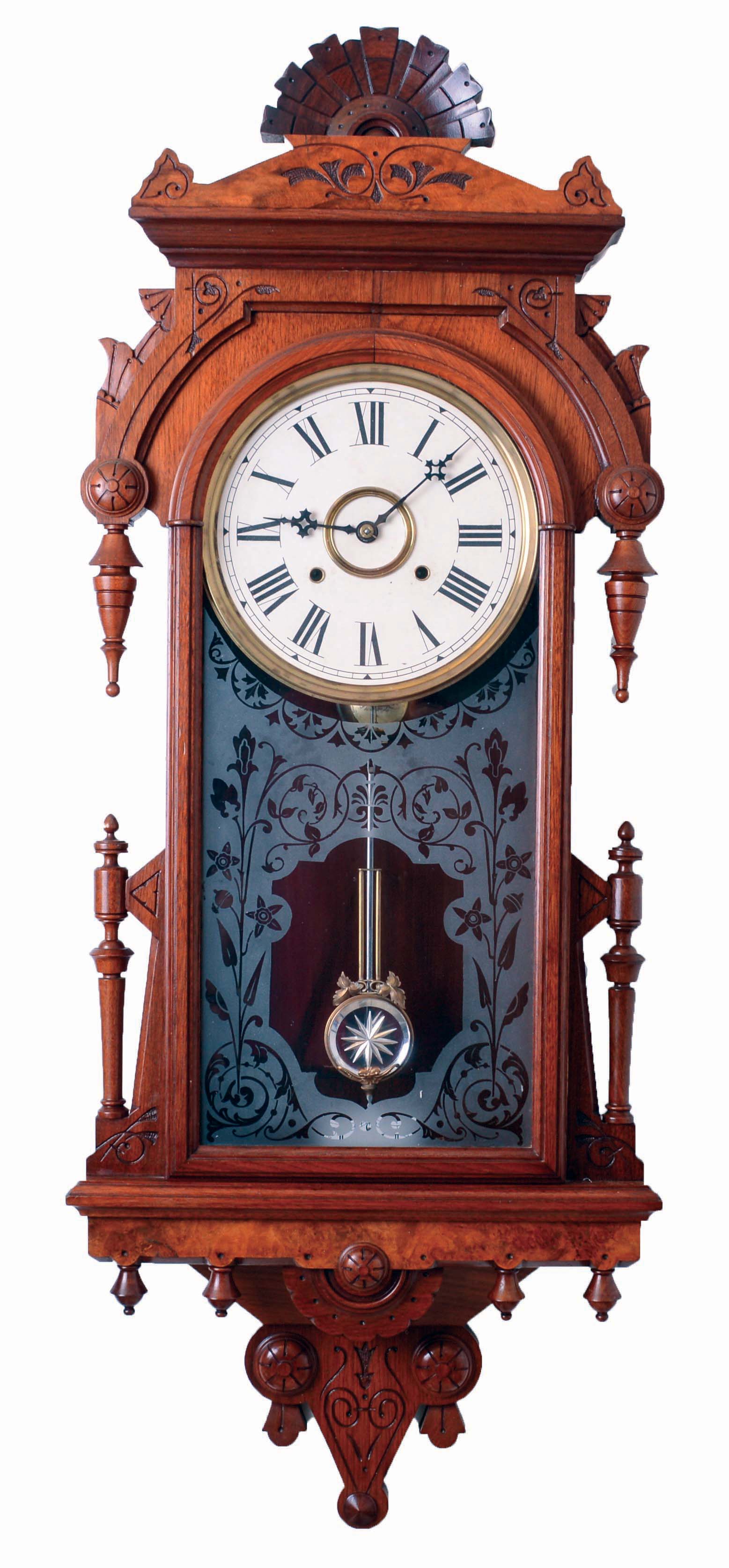F. Kroeber &amp; Co., New York, NY, "Regulator No. 33" wall clock, 8 days, time and strike, spring driven movement in a walnut case with burled accents with a papered metal dial and acid etched lower tablet, c1880 — Antique Clocks Price Guide