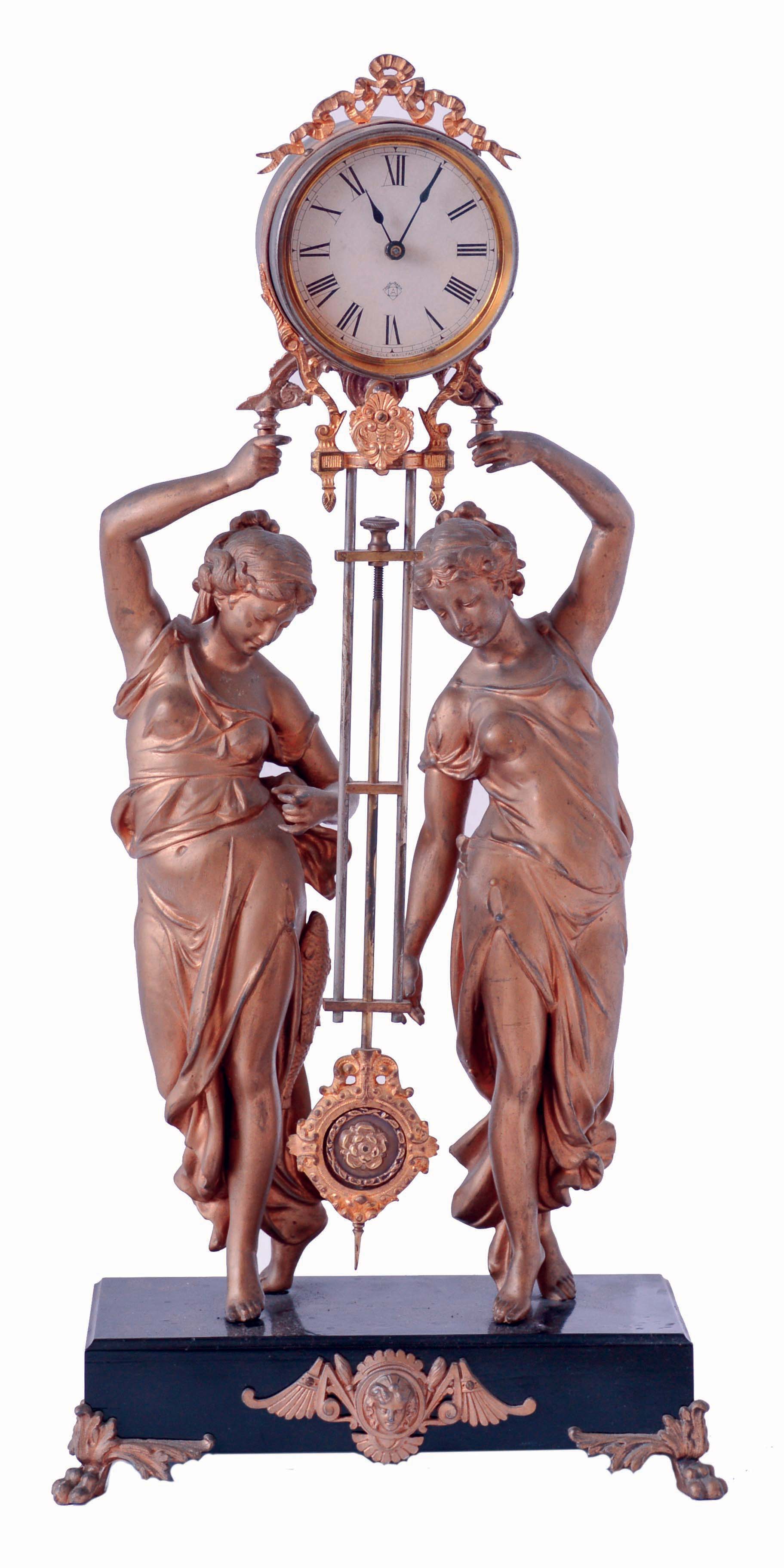 Ansonia Clock Co., New York, NY, "Double Figure Swing", 8 days timepiece with old swinging arm, c1901, associated with modern cast spelter and wood figural base — Antique Clocks Price Guide