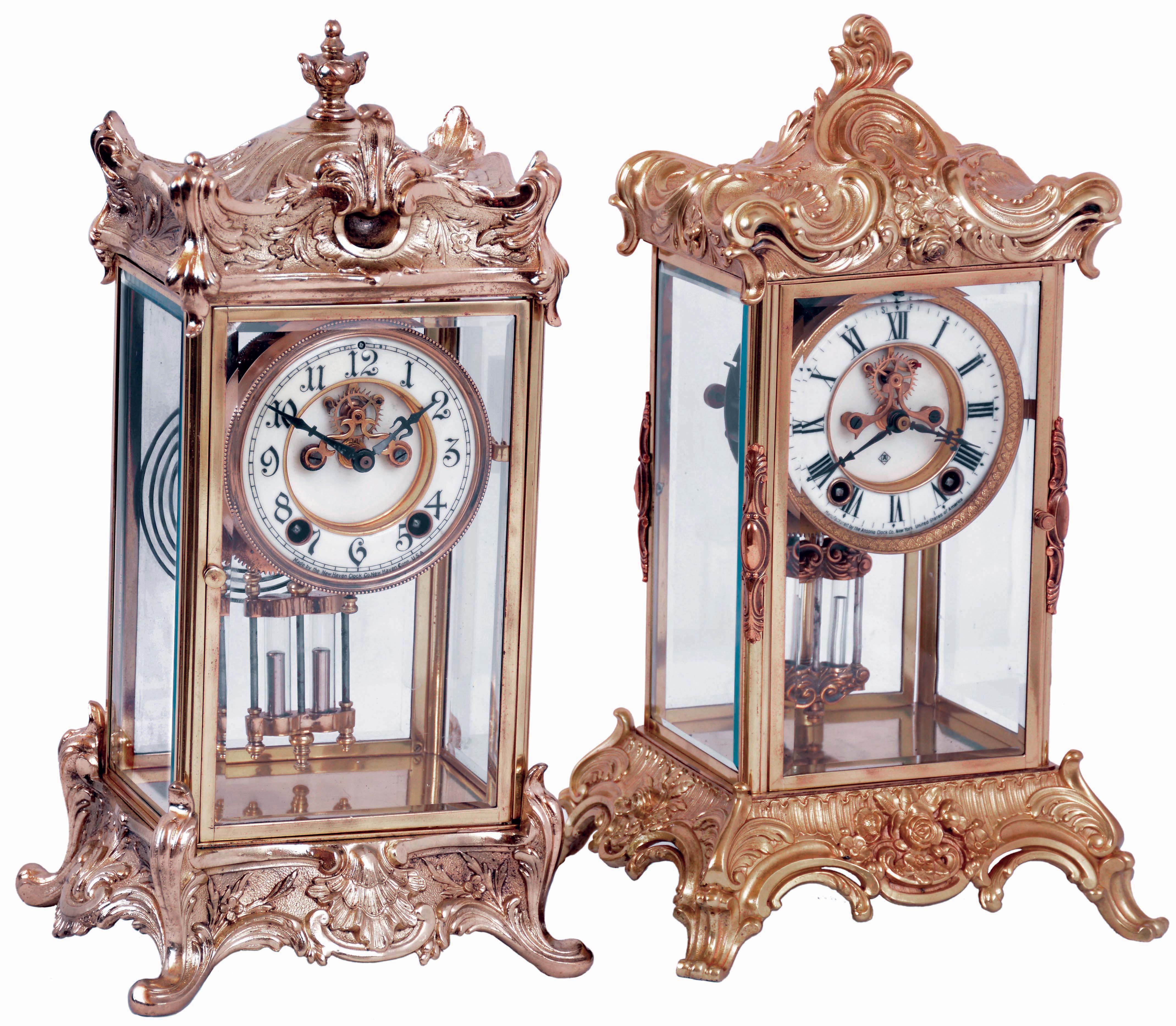 Clocks- 2 (Two) Connecticut cast metal base and top, 8 days, time and strike, brass and beveled glass crystal regulator mantel clocks with visible escapements: New Haven "Thoreau"; Ansonia "Zenith"; c1914 — Antique Clocks Price Guide
