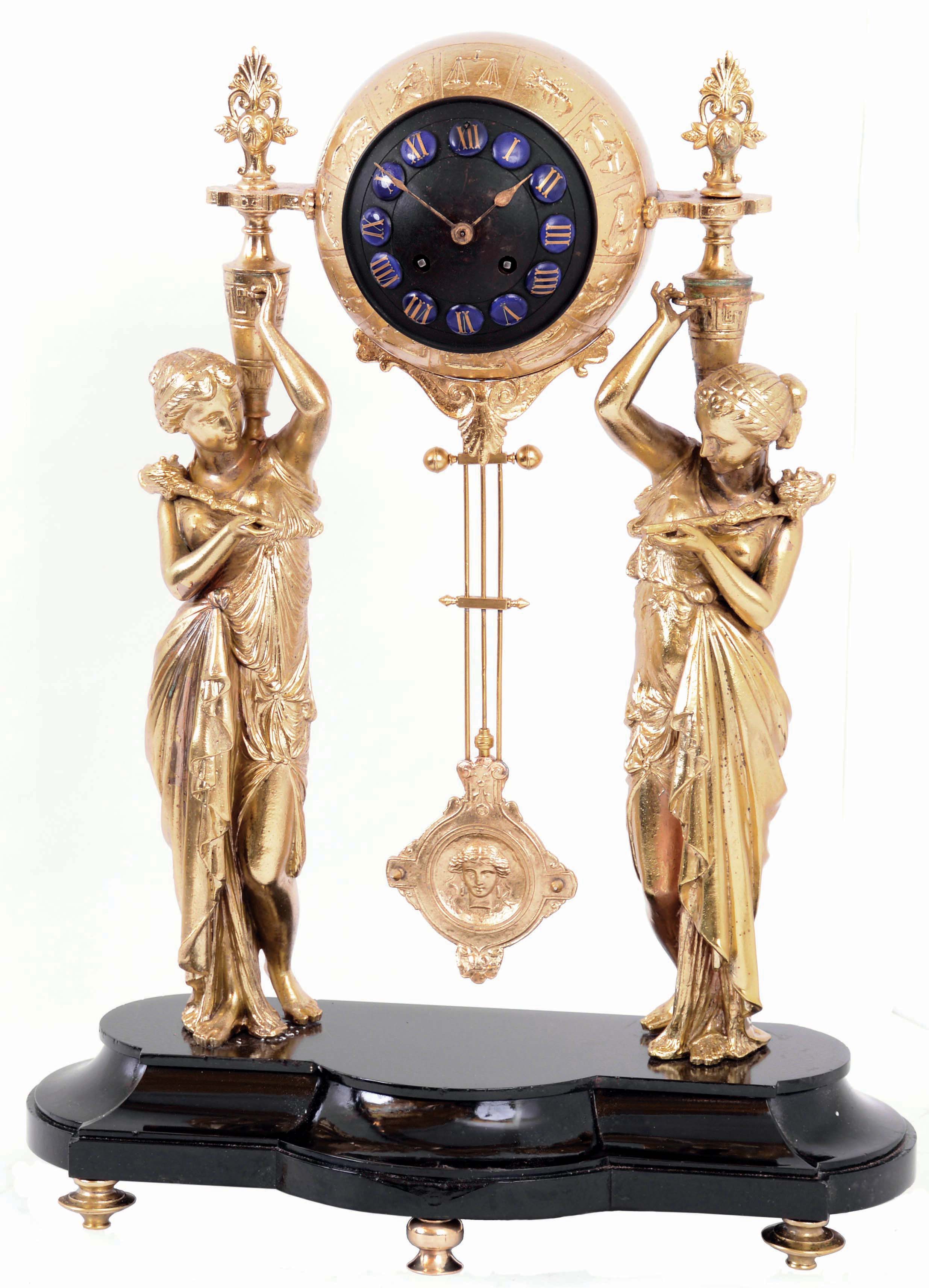 Blot &amp; Drouard, Paris, French cast metal double figure, 8 days, time and strike mantel clock, Japy Freres Medaille D'Honneur movement, c1890 — Antique Clocks Price Guide