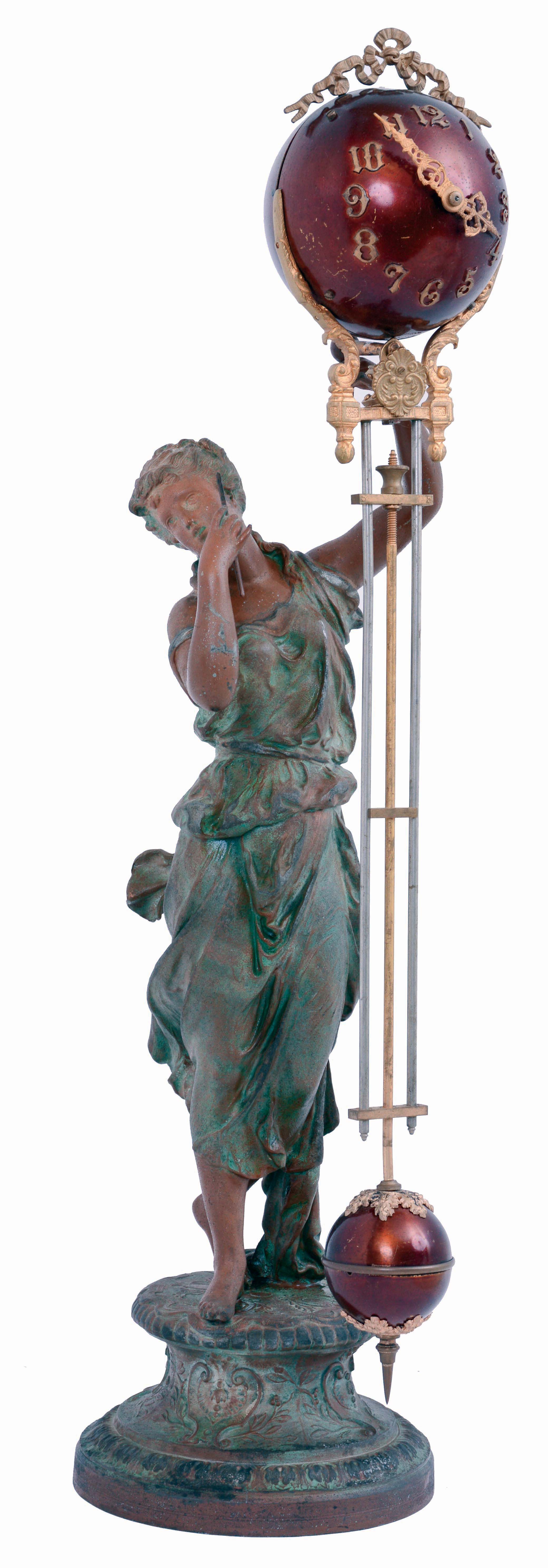 Ansonia Clock Co., New York, NY, "JUNO" swinging arm clock, with long arm ball &amp; signed movement, c1895, on a later statue — Antique Clocks Price Guide