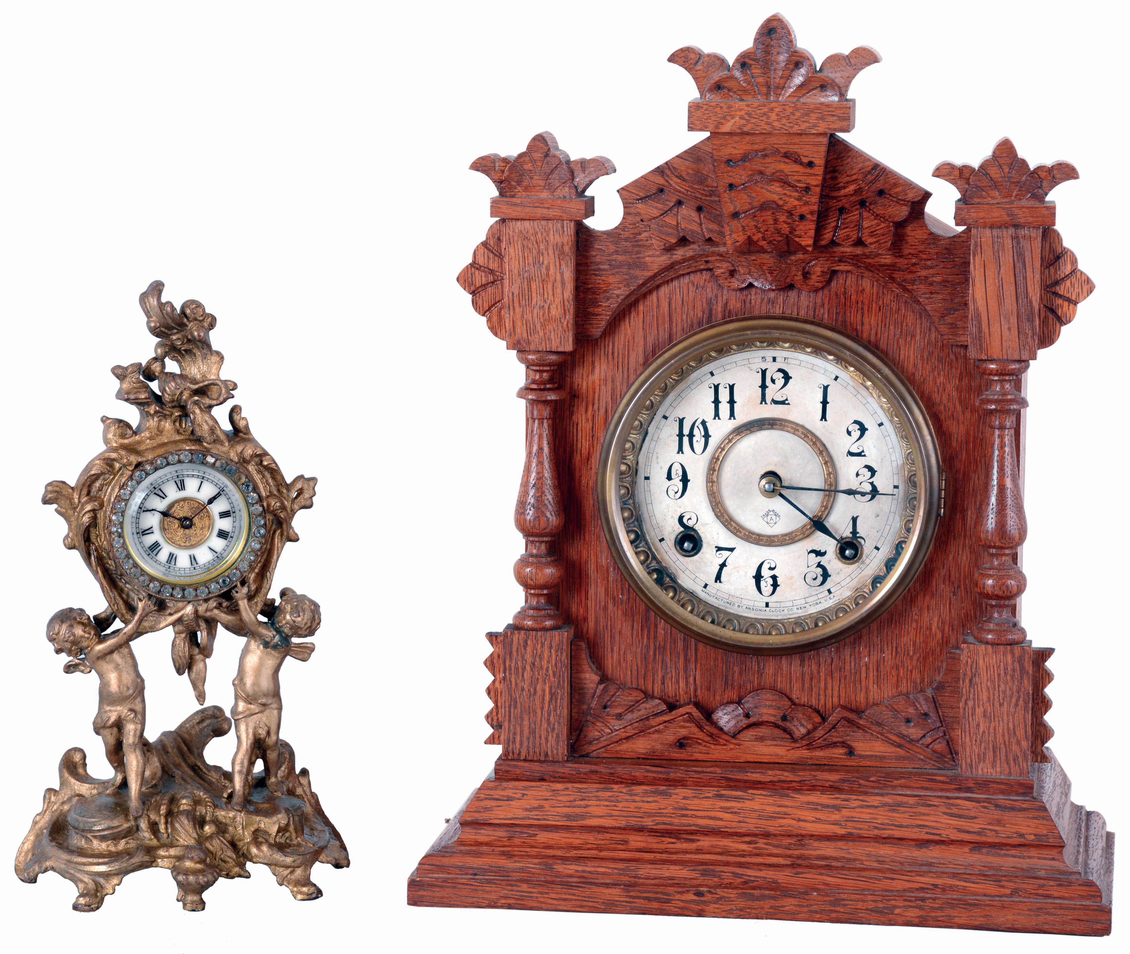 Clocks- 2 (Two): Ansonia Clock Co., "Tivoli", 8 days, time and strike, spring driven brass movement shelf clock. (2) Ansonia Clock Co., "Bonnie", 30 hours, spring driven brass movement novelty timepiece. — Antique Clocks Price Guide