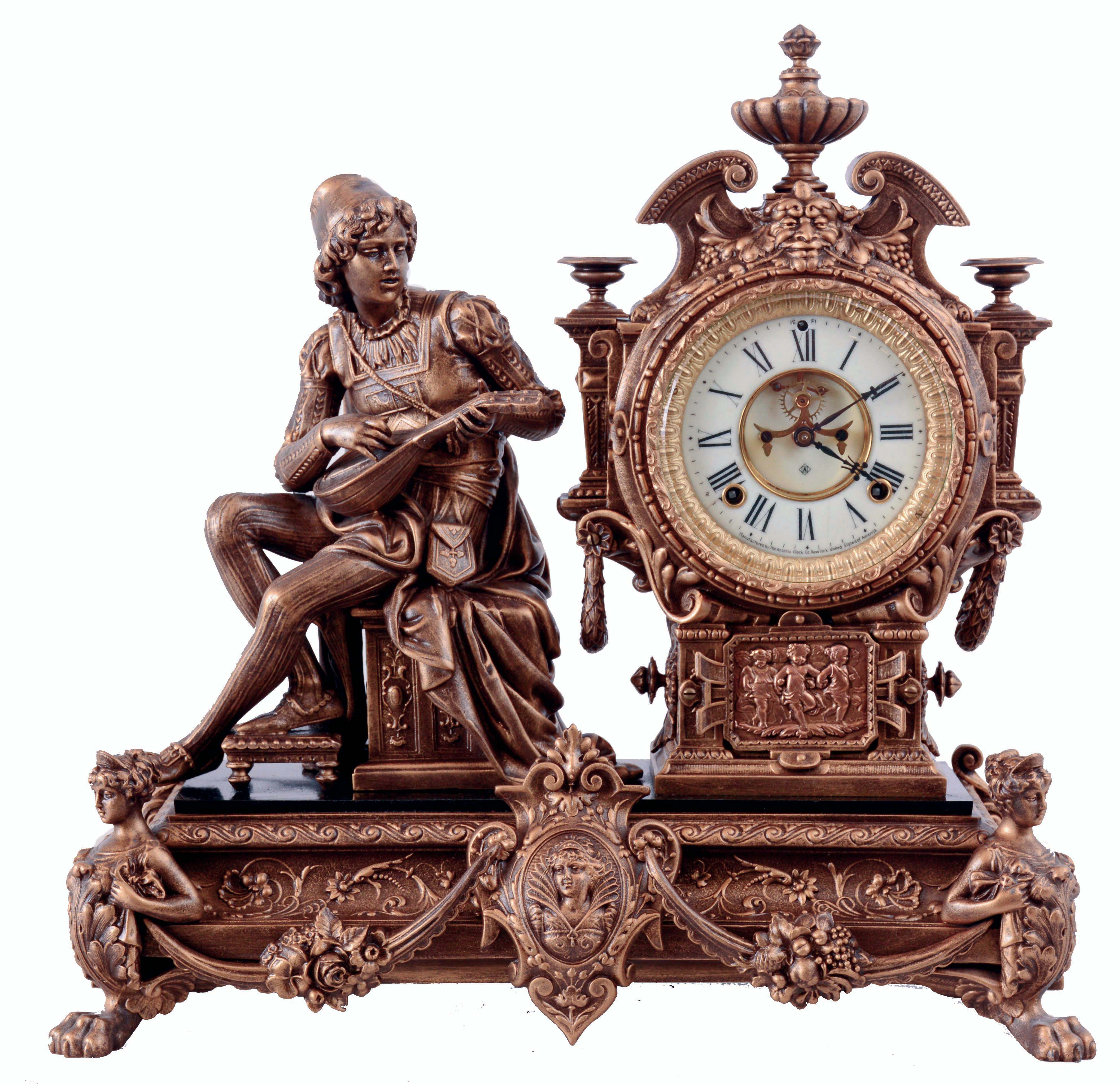 Ansonia Clock Co., New York, NY, "Bard" figure clock with a visible escapement on an 8 days, spring driven, time and strike movement, c1894. — Antique Clocks Price Guide