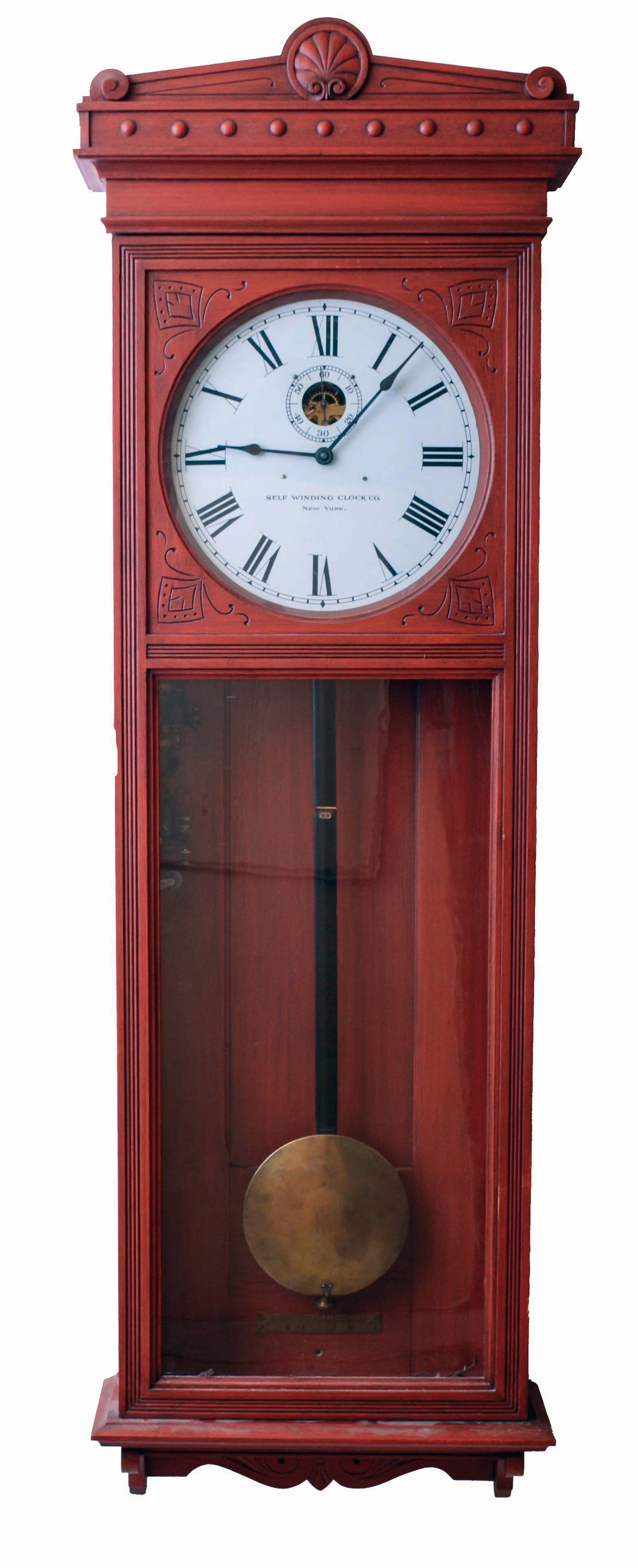 Self Winding Clock Co., New York, NY, "No. 9 Self Winding Regulator" wall clock, time only, electric movement with a 60 beat pendulum in a cherry finished oak case with painted metal dial, c1908 — Antique Clocks Price Guide