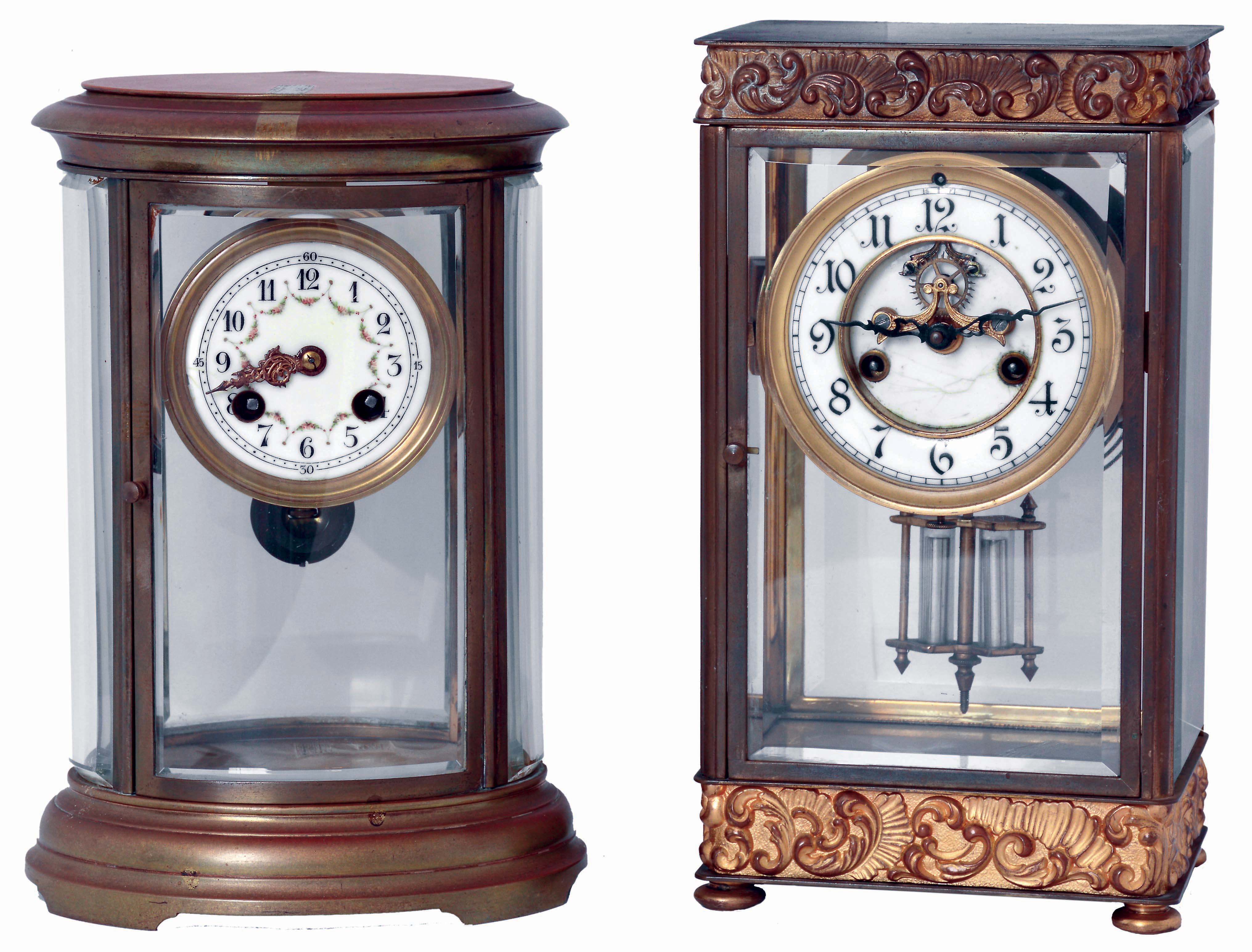Clocks- 2 (Two): (1) French, Marti &amp; Cie, 8 days, time and strike, spring driven brass movement crystal regulator mantel clock. (2) Waterbury Clock Co., Waterbury, Conn., "Aubert", 8 days, time and strike, spring driven brass movement crystal regulator mantel clock. — Antique Clocks Price Guide