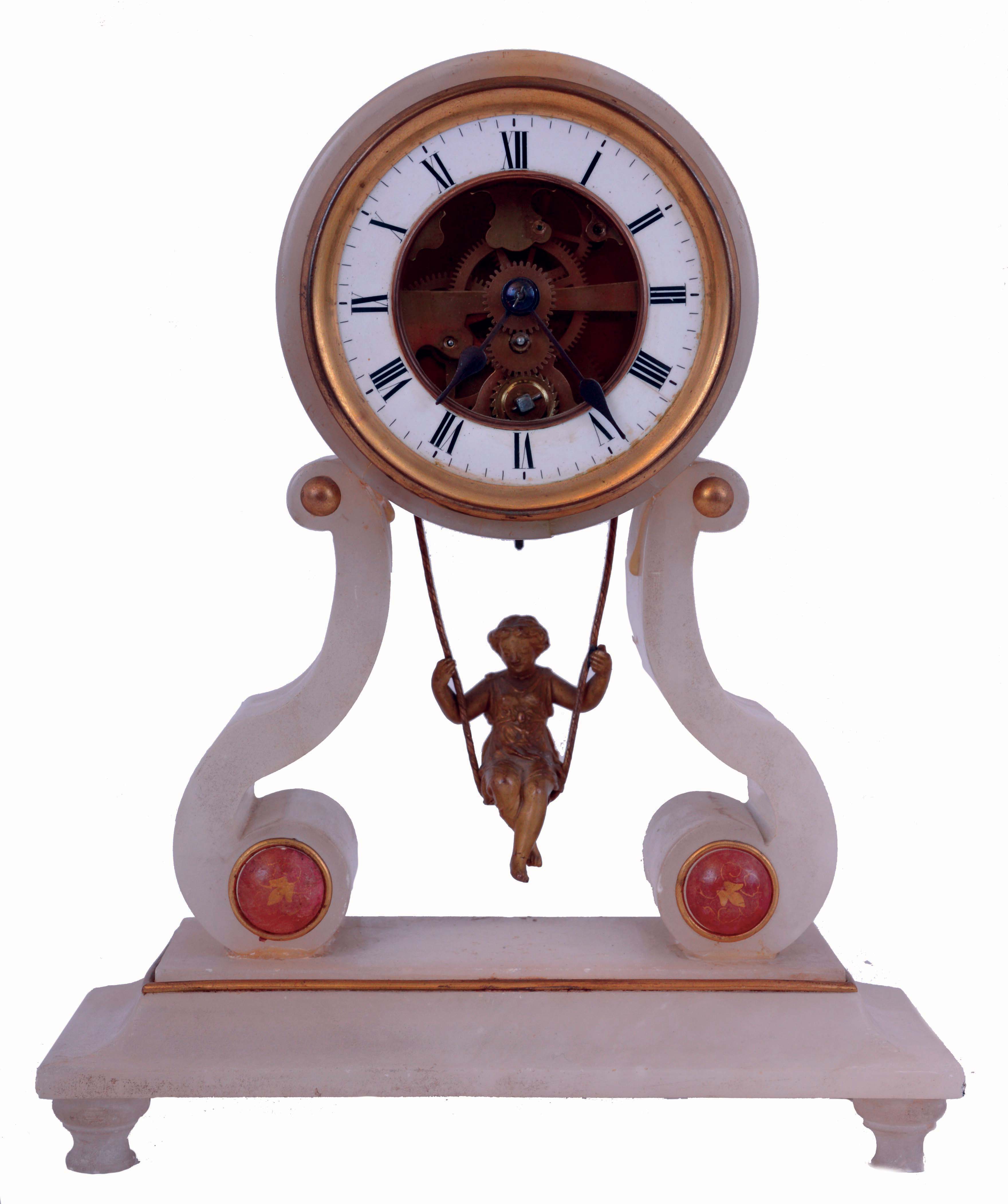 Farcot a Paris, girl on a swing mantel clock, alabaster case on a flattened cavetto molded base with turned feet, two scroll shaped supports bearing the cylindrical clock case, Roman numeral white enamel dial, blued steel hands, 8 days, timepiece movement, the pendulum with gilt female figure, swinging back to front as the clock runs, c1880 — Antique Clocks Price Guide