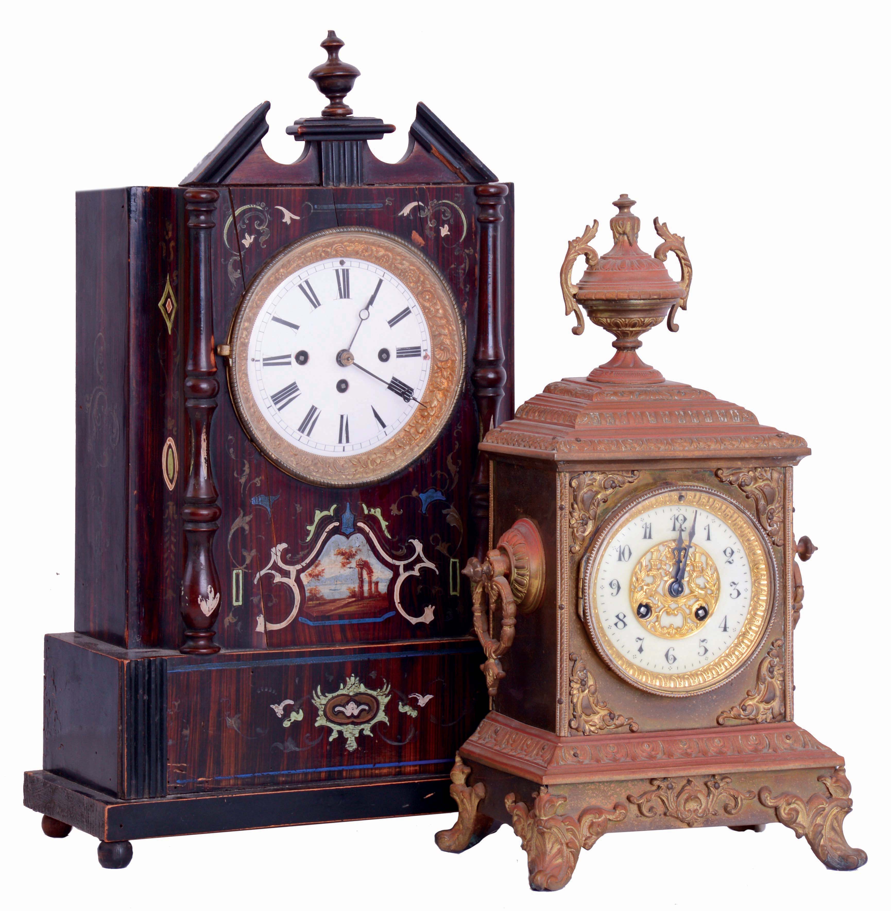 Clocks- 2 (Two): European mantel clocks, the first Austrian, wooden case with rosewood graining and polychrome decoration, Roman numeral white enamel dial, gilt foliate bezel, two day grand sonnerie movement, c1840, Ht 19 1/2". The other French, brass case with cast ornament, gilt bezel, Arabic numeral white enamel dial, 8 days time and strike movement, c1900, Ht15 1/2" — Antique Clocks Price Guide
