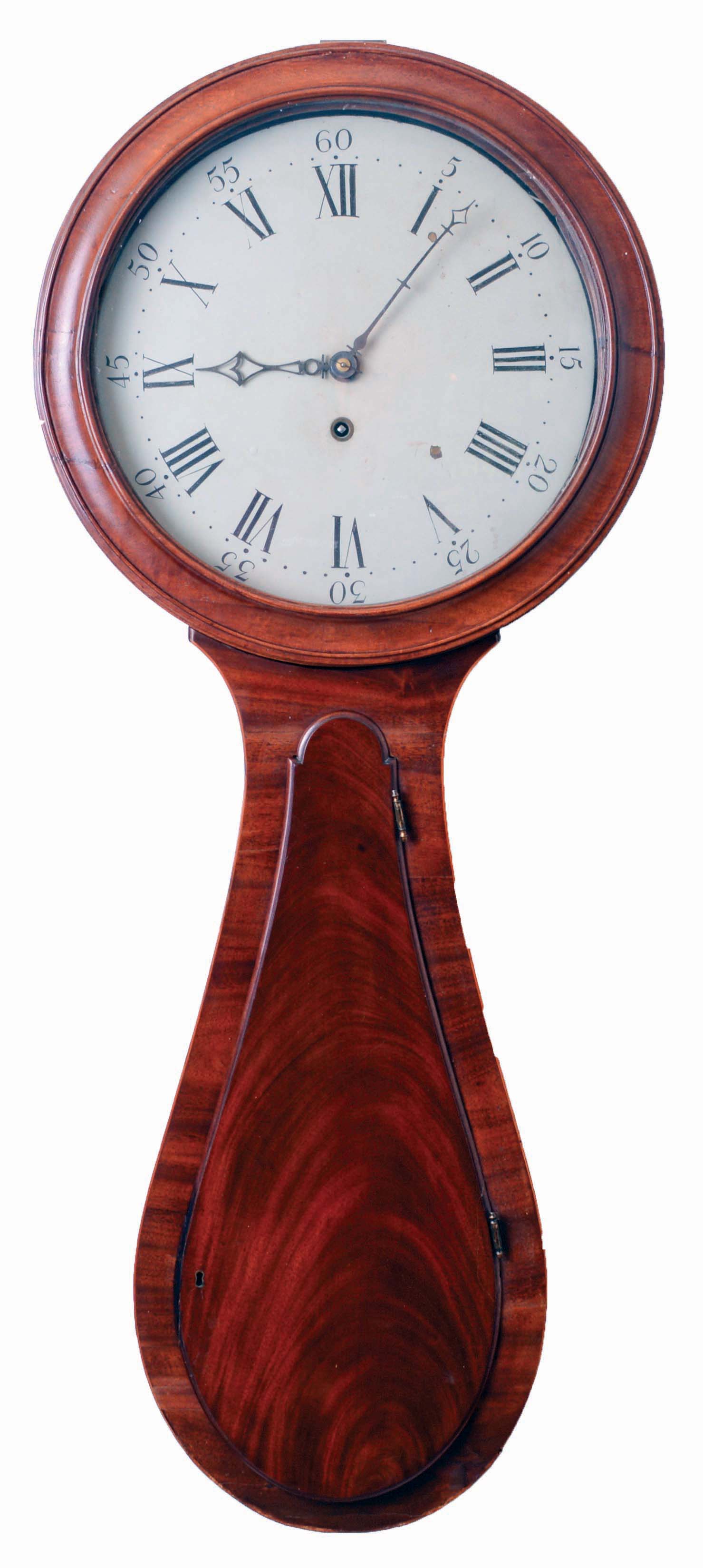 English tavern wall clock, 8 days, time only weight driven movement in a mahogany and crotch mahogany veneer case with string inlay with a painted iron dial, c1830 — Antique Clocks Price Guide