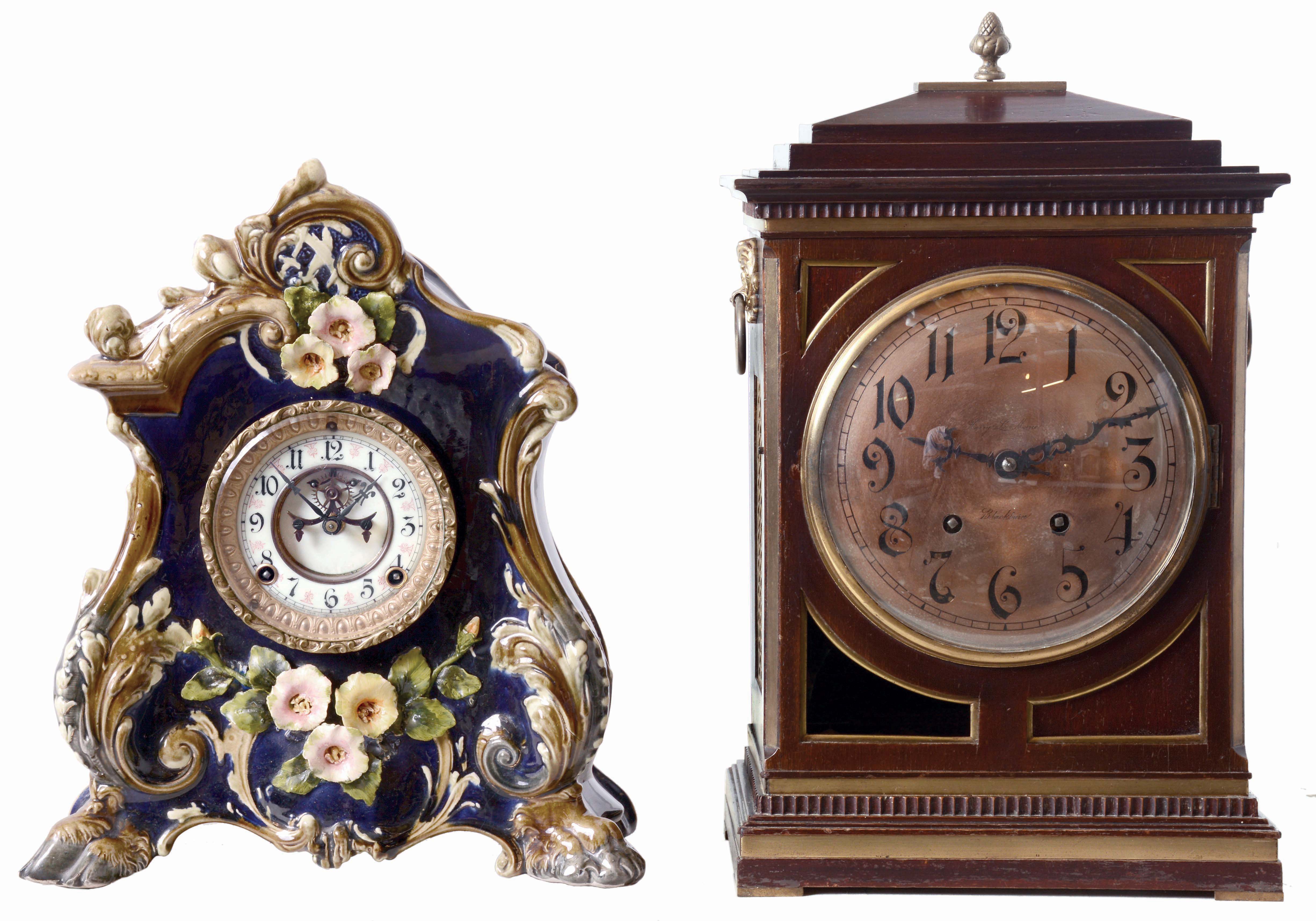 Clocks- 2 (Two): (1) Ansonia Clock Co., Ansonia, Conn., 8 days, time and strike, spring driven brass movement porcelain mantel clock. (2) German, Winterhalder &amp; Hofmeier, 8 days, time and strike, spring driven brass movement bracket clock. — Antique Clocks Price Guide