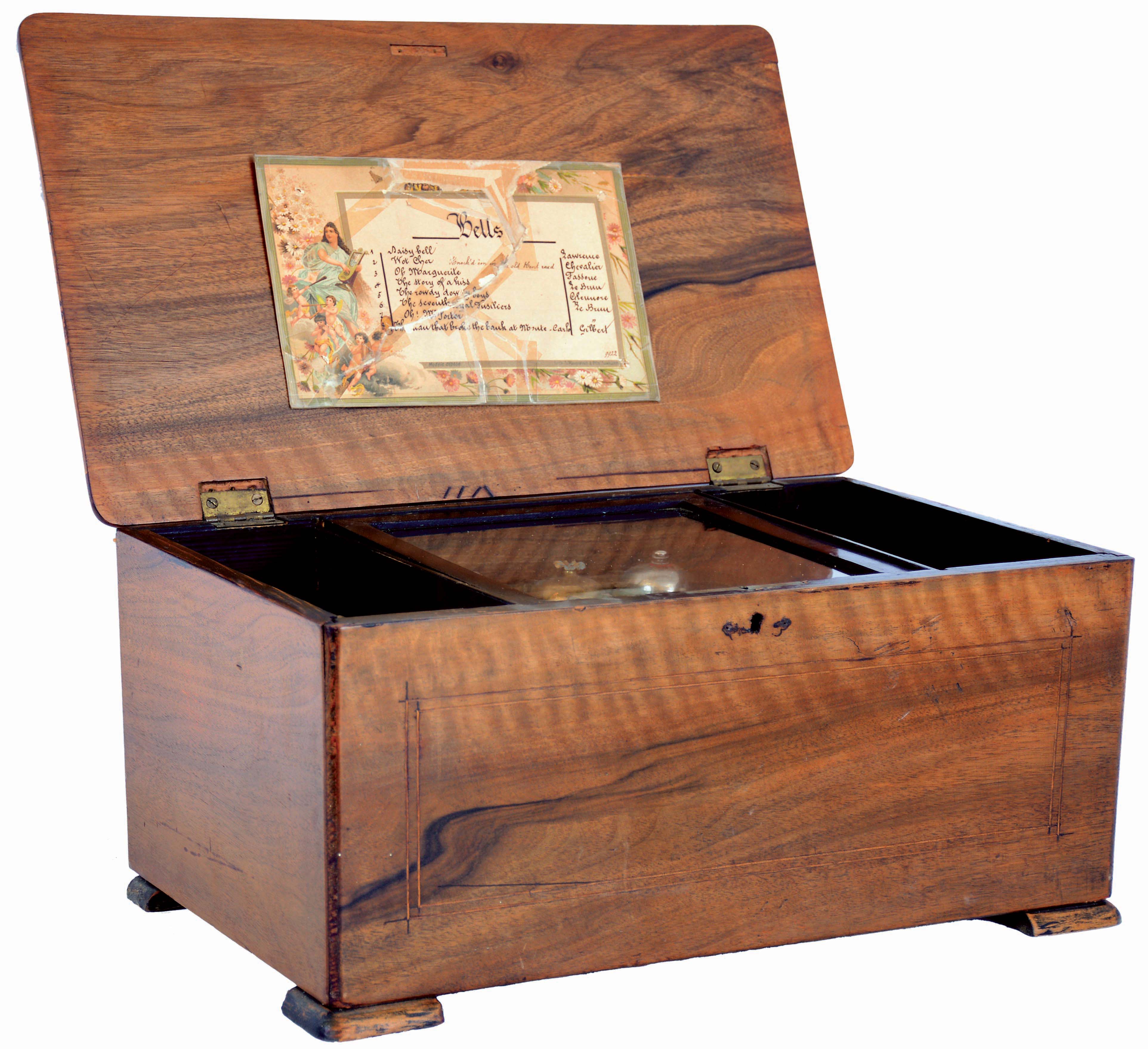 Paillard Swiss walnut music box, single cylinder plays 8 tunes listed on inside of lid, c1900 — Antique Clocks Price Guide