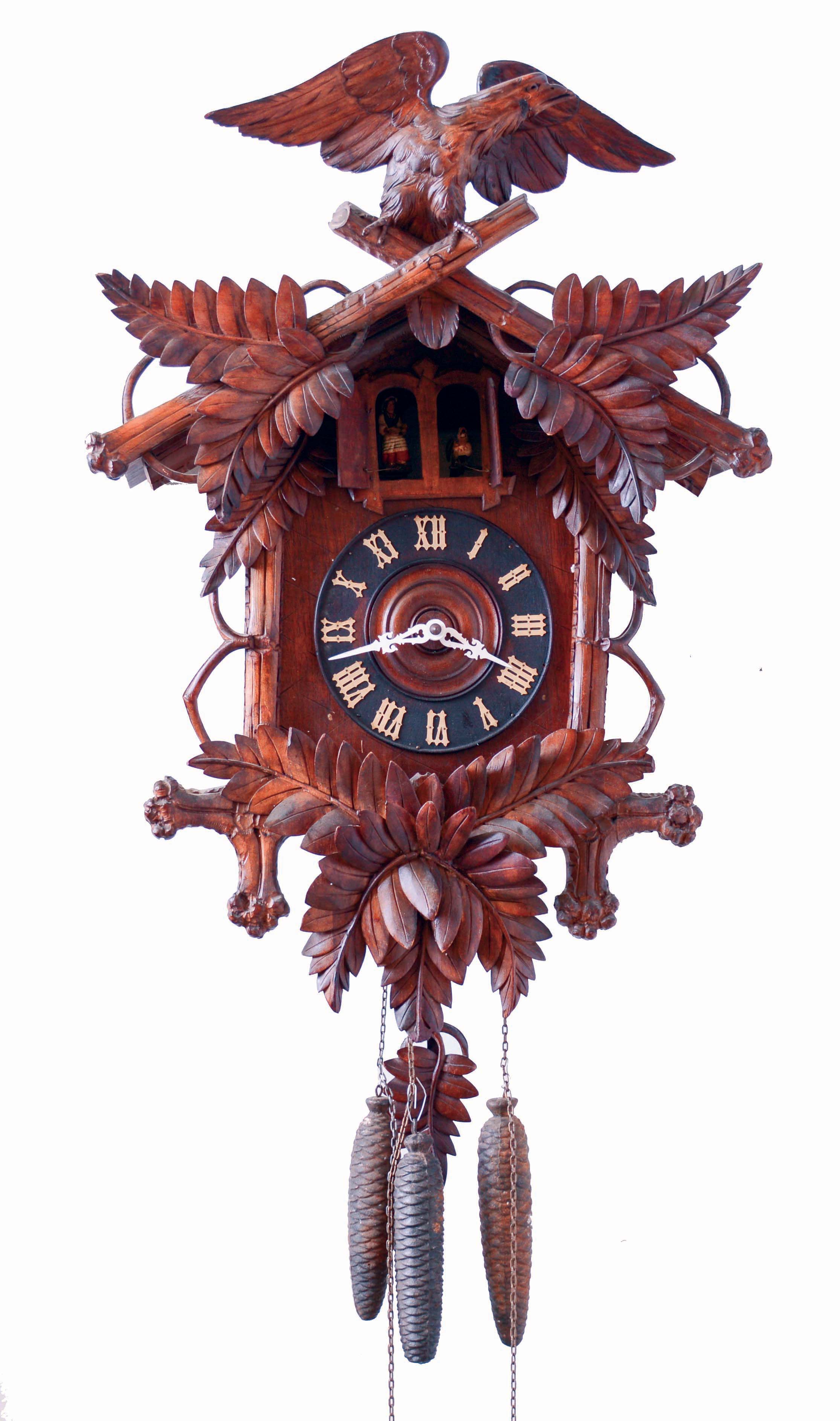German, for Swiss Clock Company, New York, large carved walnut 3-weight wall clock with music box and seated lady in second door, c1890 — Antique Clocks Price Guide
