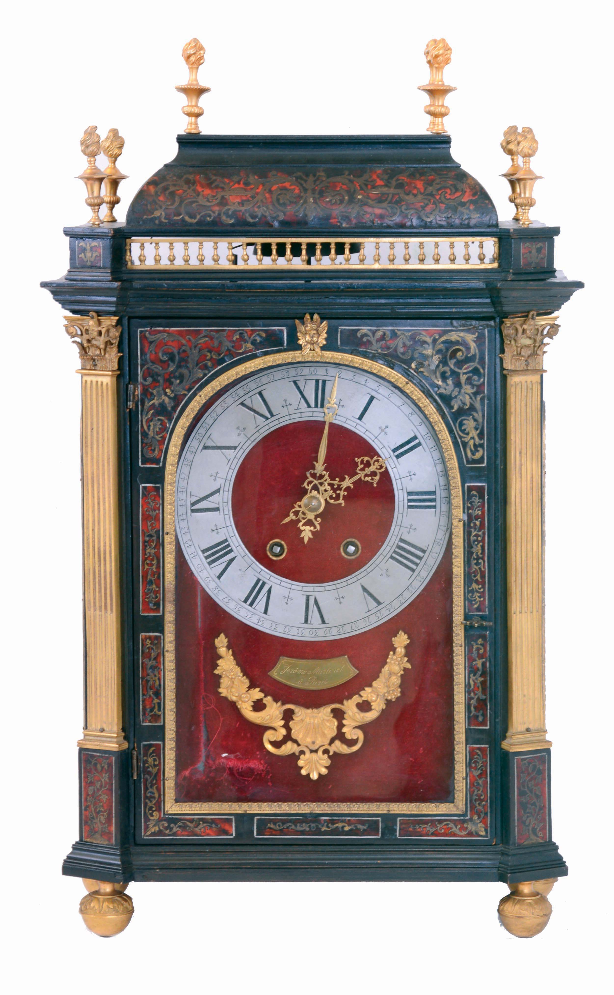 France, Pendule Religieuse, ebonized case with fine moldings and Boulle work on gilt ball feet, the red tortoise shell inlaid with scroll sawn, engraved brass, and with pewter stringing, the corners with gilt bronze, stop fluted, Corinthian pilasters, removable caddy top with gilt balustrade and eight flame finials, red velvet covered dial with Roman numeral pewter chapter ring, above a plaque engraved "Jerome Martinet a Paris", pierced and engraved brass hands, spring powered, 8 days, time and strike movement with Brocot escapement, mid 19th century, case with some earlier components — Antique Clocks Price Guide